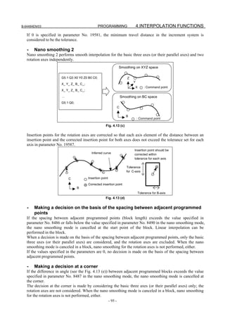 B-64484EN/03                                     PROGRAMMING                        4.INTERPOLATION FUNCTIONS
   If 0 is specified in parameter No. 19581, the minimum travel distance in the increment system is
   considered to be the tolerance.

   -   Nano smoothing 2
   Nano smoothing 2 performs smooth interpolation for the basic three axes (or their parallel axes) and two
   rotation axes independently.
                                                                    Smoothing on XYZ space

                       G5.1 Q3 X0 Y0 Z0 B0 C0;                              Z
                                                                                Y
                       X_ Y_ Z_ B_ C_;
                                                                                 X       : Command point
                       X_ Y_ Z_ B_ C_;
                       …                                                Smoothing on BC space
                       G5.1 Q0;
                                                                    C

                                                                           B
                                                                                    : Command point

                                                      Fig. 4.13 (c)

   Insertion points for the rotation axes are corrected so that each axis element of the distance between an
   insertion point and the corrected insertion point for both axes does not exceed the tolerance set for each
   axis in parameter No. 19587.
                                                                                Insertion point should be
                                           Inferred curve                       corrected within
                                                                                tolerance for each axis

                                                                           Tolerance
                                                                           for C-axis

                           C             Insertion point
                                         Corrected insertion point
                                  B
                                                                                     Tolerance for B-axis
                                                      Fig. 4.13 (d)

   -   Making a decision on the basis of the spacing between adjacent programmed
       points
   If the spacing between adjacent programmed points (block length) exceeds the value specified in
   parameter No. 8486 or falls below the value specified in parameter No. 8490 in the nano smoothing mode,
   the nano smoothing mode is cancelled at the start point of the block. Linear interpolation can be
   performed in the block.
   When a decision is made on the basis of the spacing between adjacent programmed points, only the basic
   three axes (or their parallel axes) are considered, and the rotation axes are excluded. When the nano
   smoothing mode is canceled in a block, nano smoothing for the rotation axes is not performed, either.
   If the values specified in the parameters are 0, no decision is made on the basis of the spacing between
   adjacent programmed points.

   -   Making a decision at a corner
   If the difference in angle (see the Fig. 4.13 (e)) between adjacent programmed blocks exceeds the value
   specified in parameter No. 8487 in the nano smoothing mode, the nano smoothing mode is cancelled at
   the corner.
   The decision at the corner is made by considering the basic three axes (or their parallel axes) only; the
   rotation axes are not considered. When the nano smoothing mode is canceled in a block, nano smoothing
   for the rotation axes is not performed, either.
                                                           - 95 -
 