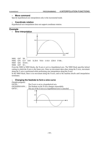 B-64484EN/03                                    PROGRAMMING          4.INTERPOLATION FUNCTIONS

   -   Move command
   Specify hypothetical axis interpolation only in the incremental mode.

   -   Coordinate rotation
   Hypothetical axis interpolation does not support coordinate rotation.

Example
   -   Sine interpolation
                                            Y



                                 10.0




                                                                                       Z
                                        0                                  20.0


   N001 G07 X0 ;
   N002 G91 G17 G03 X-20.0 Y0.0 I-10.0 Z20.0 F100 ;
   N003 G01 X10.0 ;
   N004 G07 X1 ;
   From the N002 to N003 blocks, the X-axis is set to a hypothetical axis. The N002 block specifies helical
   cutting in which the Z-axis is the linear axis. Since no movement takes place along the X axis, movement
   along the Y-axis is performed while performing sine interpolation along the Z-axis.
   In the N003 block, there is no movement along the X-axis, and so the machine dwells until interpolation
   terminates.

   -   Changing the feedrate to form a sine curve
   (Sample program)
   G07Z0 ;               The Z-axis is set to a hypothetical axis.
   G02X0Z0I10.0F4. ;     The feedrate on the X-axis changes sinusoidally.
   G07Z1 ;               The use of the Z-axis as a hypothetical axis is canceled.
                                  F


                                  4.0



                                                                                  Xt




                                                   - 109 -
 