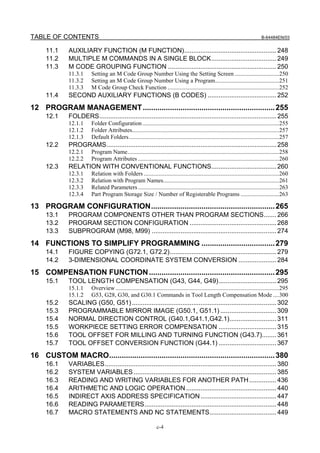 TABLE OF CONTENTS                                                                                                                 B-64484EN/03


     11.1     AUXILIARY FUNCTION (M FUNCTION)................................................... 248
     11.2     MULTIPLE M COMMANDS IN A SINGLE BLOCK.................................... 249
     11.3     M CODE GROUPING FUNCTION ............................................................ 250
              11.3.1     Setting an M Code Group Number Using the Setting Screen ..............................250
              11.3.2     Setting an M Code Group Number Using a Program...........................................251
              11.3.3     M Code Group Check Function ...........................................................................252
     11.4     SECOND AUXILIARY FUNCTIONS (B CODES) ...................................... 252
12 PROGRAM MANAGEMENT ............................................................... 255
     12.1     FOLDERS.................................................................................................. 255
              12.1.1     Folder Configuration ............................................................................................255
              12.1.2     Folder Attributes...................................................................................................257
              12.1.3     Default Folders .....................................................................................................257
     12.2     PROGRAMS.............................................................................................. 258
              12.2.1     Program Name......................................................................................................258
              12.2.2     Program Attributes ...............................................................................................260
     12.3     RELATION WITH CONVENTIONAL FUNCTIONS.................................... 260
              12.3.1     Relation with Folders ...........................................................................................260
              12.3.2     Relation with Program Names..............................................................................261
              12.3.3     Related Parameters ...............................................................................................263
              12.3.4     Part Program Storage Size / Number of Registerable Programs ..........................263

13 PROGRAM CONFIGURATION........................................................... 265
     13.1     PROGRAM COMPONENTS OTHER THAN PROGRAM SECTIONS....... 266
     13.2     PROGRAM SECTION CONFIGURATION ................................................ 268
     13.3     SUBPROGRAM (M98, M99) ..................................................................... 274
14 FUNCTIONS TO SIMPLIFY PROGRAMMING ................................... 279
     14.1     FIGURE COPYING (G72.1, G72.2)........................................................... 279
     14.2     3-DIMENSIONAL COORDINATE SYSTEM CONVERSION ..................... 284
15 COMPENSATION FUNCTION ............................................................ 295
     15.1     TOOL LENGTH COMPENSATION (G43, G44, G49)................................ 295
              15.1.1     Overview ..............................................................................................................295
              15.1.2     G53, G28, G30, and G30.1 Commands in Tool Length Compensation Mode ....300
     15.2     SCALING (G50, G51) ................................................................................ 302
     15.3     PROGRAMMABLE MIRROR IMAGE (G50.1, G51.1) ............................... 309
     15.4     NORMAL DIRECTION CONTROL (G40.1,G41.1,G42.1).......................... 311
     15.5     WORKPIECE SETTING ERROR COMPENSATION ................................ 315
     15.6     TOOL OFFSET FOR MILLING AND TURNING FUNCTION (G43.7)........ 361
     15.7     TOOL OFFSET CONVERSION FUNCTION (G44.1) ................................ 367
16 CUSTOM MACRO............................................................................... 380
     16.1     VARIABLES............................................................................................... 380
     16.2     SYSTEM VARIABLES ............................................................................... 385
     16.3     READING AND WRITING VARIABLES FOR ANOTHER PATH ............... 436
     16.4     ARITHMETIC AND LOGIC OPERATION .................................................. 440
     16.5     INDIRECT AXIS ADDRESS SPECIFICATION .......................................... 447
     16.6     READING PARAMETERS......................................................................... 448
     16.7     MACRO STATEMENTS AND NC STATEMENTS..................................... 449

                                                                 c-4
 