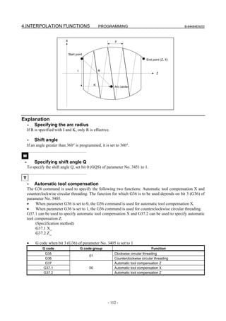 4.INTERPOLATION FUNCTIONS                                PROGRAMMING                                    B-64484EN/03



                             X                                   F



                                 Start point
                                                                                     End point (Z, X)


                                        I                R
                                                                                            Z


                                                     K
                                                                 Arc center




Explanation
     -   Specifying the arc radius
     If R is specified with I and K, only R is effective.

     -   Shift angle
     If an angle greater than 360° is programmed, it is set to 360°.

M
 -       Specifying shift angle Q
     To specify the shift angle Q, set bit 0 (GQS) of parameter No. 3451 to 1.

T
     -   Automatic tool compensation
     The G36 command is used to specify the following two functions: Automatic tool compensation X and
     counterclockwise circular threading. The function for which G36 is to be used depends on bit 3 (G36) of
     parameter No. 3405.
     •     When parameter G36 is set to 0, the G36 command is used for automatic tool compensation X.
     •     When parameter G36 is set to 1, the G36 command is used for counterclockwise circular threading.
     G37.1 can be used to specify automatic tool compensation X and G37.2 can be used to specify automatic
     tool compensation Z.
           (Specification method)
           G37.1 X_
           G37.2 Z_

     •    G code when bit 3 (G36) of parameter No. 3405 is set to 1
              G code                        G code group                                 Function
                G35                                              Clockwise circular threading
                                                01
                G36                                              Counterclockwise circular threading
                G37                                              Automatic tool compensation Z
               G37.1                            00               Automatic tool compensation X
               G37.2                                             Automatic tool compensation Z




                                                             - 112 -
 
