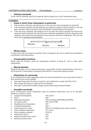 4.INTERPOLATION FUNCTIONS                    PROGRAMMING                                           B-64484EN/03


  -   Velocity commands
  As the velocity command, specify the tangential velocity along the arc in the 3-dimensional space.

Limitation
  -   Cases in which linear interpolation is performed
  •    f the start point, mid-point, and end-point are on the same line, linear interpolation is performed.
  •    If the start point coincides with the mid-point, the mid-point coincides with the end point, or the end
       point coincides with the start point, linear interpolation is performed up to the end point.
  •    If the start point, mid-point, and end-point are on the same line and the end point lies between the
       start point and the mid-point, the tool first moves with linear interpolation from the start point to the
       mid-point, then returns from the mid-point to the end point with linear interpolation. Thus, the tool
       always passes through the specified point.



                           Start point
                                                  End point               Mid-point


  -   Whole circles
  A whole circle (360° arc) cannot be specified. (This corresponds to the case in which linear interpolation
  is performed, as described earlier.)

  -   Compensation functions
  Before using this function, cancel the compensation functions of group 07, such as cutter radius
  compensation.

  -   Manual absolute
  While this function is in use, manual intervention is not possible with the manual absolute switch set to
  the ON position. If intervention is performed, alarm PS5433 is issued when operation restarts.

  -   Restrictions on commands
  In the 3-dimensional circular interpolation mode, the functions listed below can be used, but the states of
  these functions must not be modified.
  •    Inch input/metric input (An alarm is issued if a state modification is made with G20 or G21.)
  •    Mirror image (The state of a signal must not be changed.)
  •    One-digit F code feed (No feedrate change must be made using the manual handle.)

  -   Unusable commands
  In the 3-dimensional circular interpolation mode, the functions listed below must not be specified.
  Otherwise, an alarm is issued.
  •    Exponential interpolation                  G02.3,G03.3
  •    Dwell                                      G04
  •    High-speed machining                       G05 (Excluding G05P10000 and G05P0)
  •    AI contour control                         G05.1Q1,G5.1Q0
  •    Hypothetical axis interpolation            G07
  •    Cylindrical interpolation                  G07.1
  •    Advanced preview control                   G08 (Use AI high-precision contour control.)
  •    Polar coordinate interpolation             G12.1,G13.1
  •    Polar coordinate command                   G15,G16
  •    Stored stroke check 2                      G22
  •    Reference position return check            G27
  •    Reference position return                  G28

                                                   - 124 -
 