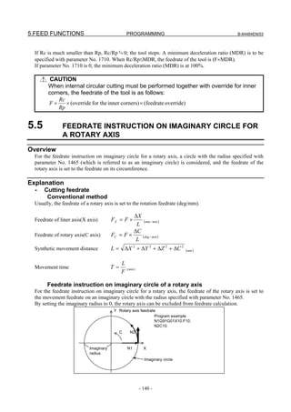 5.FEED FUNCTIONS                                 PROGRAMMING                                      B-64484EN/03



  If Rc is much smaller than Rp, Rc/Rp 0; the tool stops. A minimum deceleration ratio (MDR) is to be
  specified with parameter No. 1710. When Rc/Rp≤MDR, the feedrate of the tool is (F×MDR).
  If parameter No. 1710 is 0, the minimum deceleration ratio (MDR) is at 100%.

         CAUTION
        When internal circular cutting must be performed together with override for inner
        corners, the feedrate of the tool is as follows:
            Rc
        F×     × (override for the inner corners) × (feedrate override)
            Rp


5.5            FEEDRATE INSTRUCTION ON IMAGINARY CIRCLE FOR
               A ROTARY AXIS
Overview
  For the feedrate instruction on imaginary circle for a rotary axis, a circle with the radius specified with
  parameter No. 1465 (which is referred to as an imaginary circle) is considered, and the feedrate of the
  rotary axis is set to the feedrate on its circumference.

Explanation
  -   Cutting feedrate
       Conventional method
  Usually, the feedrate of a rotary axis is set to the rotation feedrate (deg/mm).

                                                 ΔX
  Feedrate of liner axis(X axis)        FX = F ×     ( mm / min )
                                                  L
                                                 ΔC
  Feedrate of rotary axis(C axis)       FC = F ×    ( deg / min )
                                                  L
  Synthetic movement distance           L = ΔX 2 + ΔY 2 + ΔZ 2 + ΔC 2          ( mm )


                                             L
  Movement time                         T=       (min )
                                             F

        Feedrate instruction on imaginary circle of a rotary axis
  For the feedrate instruction on imaginary circle for a rotary axis, the feedrate of the rotary axis is set to
  the movement feedrate on an imaginary circle with the radius specified with parameter No. 1465.
  By setting the imaginary radius to 0, the rotary axis can be excluded from feedrate calculation.
                                         Y Rotary axis feedrate
                                                               Program example
                                                               N1G91G01X10.F10.
                                                               N2C10.
                                             C     N2


                            Imaginary            N1         X
                            radius
                                                            Imaginary circle




                                                          - 140 -
 