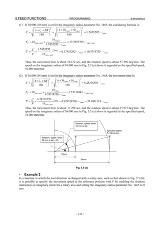5.FEED FUNCTIONS                                       PROGRAMMING                                                  B-64484EN/03

 (1) If 10.000 (10 mm) is set for the imaginary radius parameter No. 1465, the calculating formula is:
                                                                      2
                                         ⎛ π × 10 ( mm ) × 10 ( deg ) ⎞
                                 2
            ⎛ π × l C × ΔB ⎞
      L′ = ⎜                   ⎟ = ⎜     ⎜                            ⎟ = 1.7453292 ⋅ ⋅ ⋅( mm )
                                                                      ⎟
            ⎝      180         ⎠         ⎝          180               ⎠
                                   10 ( deg )
      FC = 10 (mm / min ) ×                          = 57.2957795 ⋅ ⋅ ⋅( deg / min )
                            1.7453292 ⋅ ⋅ ⋅( mm )
             L ′ 1.7453292 ⋅ ⋅ ⋅( mm )
      T′ =      =                      = 0.17453292 ⋅ ⋅ ⋅ ( min ) = 10.4719755 ⋅ ⋅ ⋅ ( sec )
             F       10 ( mm / min )

      Thus, the movement time is about 10.472 sec, and the rotation speed is about 57.296 deg/min. The
      speed on the imaginary radius of 10.000 mm in Fig. 5.5 (a) above is regarded as the specified speed,
      10.000 mm/min.

 (2) If 36.000 (36 mm) is set for the imaginary radius parameter No. 1465, the movement time is:
                                                                  2
                                       ⎛ π × 36 ( mm ) × 10 ( deg ) ⎞
                                2
            ⎛ π × l C × ΔB ⎞
      L′ = ⎜                  ⎟ = ⎜    ⎜                            ⎟ = 6.28318530 ⋅ ⋅ ⋅ ( mm )
                                                                    ⎟
            ⎝       180       ⎠        ⎝          180               ⎠
                                  10 ( deg )
      FC = 10 (mm / min ) ×                         = 15.9154943 ⋅ ⋅ ⋅( deg / min )
                            6.28318530 ⋅ ⋅ ⋅( mm )
             L ′ 6.28318530 ⋅ ⋅ ⋅ ( mm )
      T′ =      =                        = 0.628318530 ⋅ ⋅ ⋅ ( min ) = 37.6991118 ⋅ ⋅ ⋅ ( sec )
             F       10 ( mm / min )
      Thus, the movement time is about 37.700 sec, and the rotation speed is about 15.915 deg/min. The
      speed on the imaginary radius of 36.000 mm in Fig. 5.5 (a) above is regarded as the specified speed,
      10.000 mm/min.

                                                             Rotation speed when
                                                             10 mm is set

                                                                                                  Specified speed
                                                                                                  F=10mm/min

                        Rotation speed when
                        36 mm is set ...(2)




                                             10mm

                                                                      36mm



                                                              Fig. 5.5 (a)

  -   Example 2
 In a machine in which the tool direction is changed with a rotary axis, such as that shown in Fig. 5.5 (b),
 it is possible to specify the movement speed at the reference position with F by enabling the feedrate
 instruction on imaginary circle for a rotary axis and setting the imaginary radius parameter No. 1465 to 0
 mm.




                                                              - 142 -
 