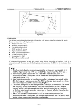 B-64484EN/03                                           PROGRAMMING                           5.FEED FUNCTIONS
                              Reference
                              position




                                          The specified speed F is
                                          regarded as the movement
                                          speed at the reference position.




                                                              The speed component on
                                                              the rotary axis is excluded.

                                                                 Fig. 5.5 (b)


Limitation
   The feedrate instruction on imaginary circle for a rotary axis supports linear interpolation (G01) only.
   It does not support the following functions:
   •    Inverse time feed (G93)
   •    Feed per revolution (G95)
   •    Normal direction control
   •    High-speed cycle cutting
   •    Cylindrical interpolation
   •    Polar coordinate interpolation
   •    Tool center point control
   •    Axis control by PMC
   •    Manual numerical command

   If using parallel axis control or twin table control in the feedrate instruction on imaginary circle for a
   rotary axis, specify the same value for the imaginary radius parameter No. 1465 for the master and slave
   axes.

     NOTE
     1 The feedrate instruction on imaginary circle for a rotary axis is enabled if bit 0
       (ROTx) of parameter No. 1006 and bit 0 (RFDx) of parameter No. 1408 are 1.
     2 The imaginary radius parameter No. 1465 of the feedrate instruction on
       imaginary circle for a rotary axis can be overwritten with a programmable
       parameter input (G10).
     3 If the feedrate instruction on imaginary circle for a rotary axis is enabled, setting
       0 in the imaginary radius parameter No. 1465 and only a rotary axis is specified,
       a movement occurs with the maximum cutting feed.
     4 Great care is required for the settings of bit 0 (RFDx) of parameter No. 1408 and
       the imaginary radius parameter No. 1465. Of particular note is that if a small
       value is set for the imaginary radius and the feedrate instruction on imaginary
       circle for a rotary axis is used, the movement on the axis is faster than when the
       command is not used.
     5 If feed axis synchronization control is used in the feedrate instruction on
       imaginary circle for a rotary axis, the settings of parameters Nos. 1408 and 1465
       for the master axis are also used for the slave axis.



                                                                  - 143 -
 
