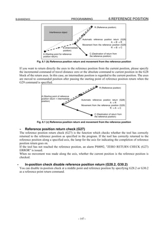 B-64484EN/03                                            PROGRAMMING                           6.REFERENCE POSITION

                                                                               R (Reference position)

                               Interference object


                                                                   Automatic reference position return (G28)
                                                                                              A→B→R
                                                                   Movement from the reference position (G29)
                                              B (Intermediate                                 R→B→C
                                              position)
                         A (Starting point for reference                  C (Destination of return from
                         position return)                                 the reference position)

                   Fig. 6.1 (b) Reference position return and movement from the reference position

     If you want to return directly the axes to the reference position from the current position, please specify
     the incremental command of travel distance zero or the absolute command to current position in the G28
     block of the return axes. In this case, an intermediate position is regarded to the current position. The axes
     are moved to commanded position after passing the starting point of reference position return when the
     G29 command is specified.
                                                                                    R (Reference position)


                       A (Starting point of reference
                       position return = intermediate
                                                                  Automatic reference position return (G28)
                       position)
                                                                                             A→R
                                                                  Movement from the reference position (G29)
                                                                                             R→A→C

                                                                               C (Destination of return from
                                                                               the reference position)

                   Fig. 6.1 (c) Reference position return and movement from the reference position

     -   Reference position return check (G27)
     The reference position return check (G27) is the function which checks whether the tool has correctly
     returned to the reference position as specified in the program. If the tool has correctly returned to the
     reference position along a specified axis, the lamp for the axis for indicating the completion of reference
     position return goes on.
     If the tool has not reached the reference position, an alarm PS0092, "ZERO RETURN CHECK (G27)
     ERROR" is issued.
     When no movement was made along the axis, whether the current position is the reference position is
     checked.

 -       In-position check disable reference position return (G28.2, G30.2)
     You can disable in-position check at a middle point and reference position by specifying G28.2 or G30.2
     as a reference point return command.




                                                                - 147 -
 