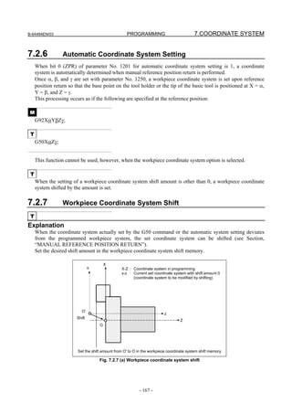 B-64484EN/03                                        PROGRAMMING                            7.COORDINATE SYSTEM


7.2.6             Automatic Coordinate System Setting
     When bit 0 (ZPR) of parameter No. 1201 for automatic coordinate system setting is 1, a coordinate
     system is automatically determined when manual reference position return is performed.
     Once α, β, and γ are set with parameter No. 1250, a workpiece coordinate system is set upon reference
     position return so that the base point on the tool holder or the tip of the basic tool is positioned at X = α,
     Y = β, and Z = γ.
     This processing occurs as if the following are specified at the reference position:

 M
     G92XαYβZγ;

 T
     G50XαZγ;


     This function cannot be used, however, when the workpiece coordinate system option is selected.

 T
     When the setting of a workpiece coordinate system shift amount is other than 0, a workpiece coordinate
     system shifted by the amount is set.

7.2.7             Workpiece Coordinate System Shift
 T
Explanation
     When the coordinate system actually set by the G50 command or the automatic system setting deviates
     from the programmed workpiece system, the set coordinate system can be shifted (see Section,
     “MANUAL REFERENCE POSITION RETURN”).
     Set the desired shift amount in the workpiece coordinate system shift memory.

                                         X
                                 x               X-Z : Coordinate system in programming
                                                 x-z : Current set coordinate system with shift amount 0
                                                       (coordinate system to be modified by shifting)




                            O’
                                                                          z
                         Shift
                                                                                   Z
                                     O




                         Set the shift amount from O' to O in the workpiece coordinate system shift memory.

                                     Fig. 7.2.7 (a) Workpiece coordinate system shift




                                                            - 167 -
 