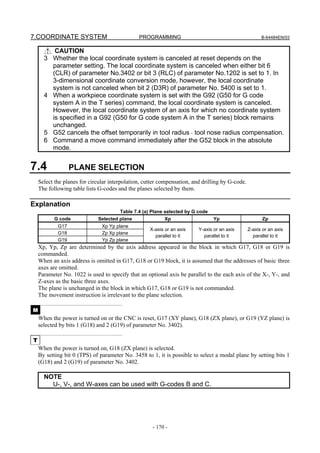 7.COORDINATE SYSTEM                            PROGRAMMING                                             B-64484EN/03


         CAUTION
      3 Whether the local coordinate system is canceled at reset depends on the
        parameter setting. The local coordinate system is canceled when either bit 6
        (CLR) of parameter No.3402 or bit 3 (RLC) of parameter No.1202 is set to 1. In
        3-dimensional coordinate conversion mode, however, the local coordinate
        system is not canceled when bit 2 (D3R) of parameter No. 5400 is set to 1.
      4 When a workpiece coordinate system is set with the G92 (G50 for G code
        system A in the T series) command, the local coordinate system is canceled.
        However, the local coordinate system of an axis for which no coordinate system
        is specified in a G92 (G50 for G code system A in the T series) block remains
        unchanged.
      5 G52 cancels the offset temporarily in tool radius ⋅ tool nose radius compensation.
      6 Command a move command immediately after the G52 block in the absolute
        mode.


7.4               PLANE SELECTION
    Select the planes for circular interpolation, cutter compensation, and drilling by G-code.
    The following table lists G-codes and the planes selected by them.

Explanation
                                      Table 7.4 (a) Plane selected by G code
          G code             Selected plane               Xp                    Yp                      Zp
            G17                Xp Yp plane
                                                    X-axis or an axis    Y-axis or an axis       Z-axis or an axis
            G18                Zp Xp plane
                                                      parallel to it       parallel to it          parallel to it
            G19                Yp Zp plane
    Xp, Yp, Zp are determined by the axis address appeared in the block in which G17, G18 or G19 is
    commanded.
    When an axis address is omitted in G17, G18 or G19 block, it is assumed that the addresses of basic three
    axes are omitted.
    Parameter No. 1022 is used to specify that an optional axis be parallel to the each axis of the X-, Y-, and
    Z-axes as the basic three axes.
    The plane is unchanged in the block in which G17, G18 or G19 is not commanded.
    The movement instruction is irrelevant to the plane selection.

M
    When the power is turned on or the CNC is reset, G17 (XY plane), G18 (ZX plane), or G19 (YZ plane) is
    selected by bits 1 (G18) and 2 (G19) of parameter No. 3402).

T
    When the power is turned on, G18 (ZX plane) is selected.
    By setting bit 0 (TPS) of parameter No. 3458 to 1, it is possible to select a modal plane by setting bits 1
    (G18) and 2 (G19) of parameter No. 3402.

      NOTE
        U-, V-, and W-axes can be used with G-codes B and C.




                                                     - 170 -
 