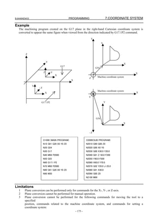 B-64484EN/03                                   PROGRAMMING                        7.COORDINATE SYSTEM

Example
   The machining program created on the G17 plane in the right-hand Cartesian coordinate system is
   converted to appear the same figure when viewed from the direction indicated by G17.1P2 command.

                                                                    Y
                                                                              Y



         Z


                            Y
                                                                                                  X
                                        G17
                                                                        G54
                        Z       Y                                                                     X
                                    X
                                                                Z         Machine coordinate system
                                                X

               Y
                   -Z
                                                                          Machine coordinate system
                         X                                                                            X
                                                                Y

                    G17.1P2                                                       Y




                                                                        G54
                                                                                                  X


                                                                -Z


                        O1000 (MAIN PROGRAM)                  O2000(SUB PROGRAM)
                        N10 G91 G28 X0 Y0 Z0                  N2010 G90 G00 Z0
                        N20 G54                               N2020 G00 X0 Y0
                        N30 G17                               N2030 G00 X30.0 Y20.0
                        N40 M98 P2000                         N2040 G01 Z-50.0 F200
                        N50 G55                               N2050 Y90.0 F500
                        N60 G17.1 P2                          N2060 X60.0 Y70.0
                        N70 M98 P2000                         N2070 G02 Y20.0 J-25.0
                        N80 G91 G28 X0 Y0 Z0                  N2080 G01 X30.0
                        N90 M30                               N2090 G00 Z0
                                                              N2100 M99



Limitations
   1    Plane conversion can be performed only for commands for the X-, Y-, or Z-axis.
   2    Plane conversion cannot be performed for manual operation.
   3    Plane conversion cannot be performed for the following commands for moving the tool to a
        specified
        position, commands related to the machine coordinate system, and commands for setting a
        coordinate system:
                                                    - 175 -
 