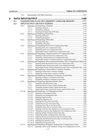 B-64484EN/03                                                                                             TABLE OF CONTENTS
               7.4.2    Relationship with Other Functions.....................................................................1167

8     DATA INPUT/OUTPUT ..................................................................... 1169
      8.1      OVERWRITING FILES ON A MEMORY CARD/USB MEMORY............. 1171
      8.2      INPUT/OUTPUT ON EACH SCREEN ..................................................... 1173
               8.2.1    Inputting and Outputting a Program...................................................................1174
                        8.2.1.1       Inputting a program..................................................................................... 1174
                        8.2.1.2       Outputting a program.................................................................................. 1176
                        8.2.1.3       Inputting and outputting of O8-digit........................................................... 1177
               8.2.2    Inputting and Outputting Parameters..................................................................1178
                        8.2.2.1       Inputting parameters ................................................................................... 1178
                        8.2.2.2       Outputting parameters................................................................................. 1179
               8.2.3    Inputting and Outputting Offset Data.................................................................1180
                        8.2.3.1       Inputting offset data .................................................................................... 1180
                        8.2.3.2       Outputting offset data ................................................................................. 1181
               8.2.4    Inputting and Outputting Pitch Error Compensation Data .................................1185
                        8.2.4.1       Inputting pitch error compensation data ..................................................... 1185
                        8.2.4.2       Outputting pitch error compensation data................................................... 1186
                        8.2.4.3       Input/output format of pitch error compensation data ................................ 1187
               8.2.5    Inputting and Outputting 3-dimensional Error Compensation Data ..................1188
                        8.2.5.1       Inputting 3-dimensional error compensation data....................................... 1188
                        8.2.5.2       Outputting 3-dimensional error compensation data .................................... 1190
                        8.2.5.3       Input/output format of 3-dimensional error compensation data.................. 1190
               8.2.6    Inputting and Outputting Three-dimensional Rotary Error Compensation Data1192
                        8.2.6.1       Inputting three-dimensional rotary error compensation data ...................... 1192
                        8.2.6.2       Outputting three-dimensional rotary error compensation data.................... 1193
                        8.2.6.3       Input/output format of three-dimensional rotary error compensation data . 1194
               8.2.7    Inputting and Outputting Custom Macro Common Variables ...........................1196
                        8.2.7.1       Inputting custom macro common variables ................................................ 1196
                        8.2.7.2       Outputting custom macro common variables.............................................. 1197
               8.2.8    Inputting and Outputting Workpiece Coordinates System Data ........................1199
                        8.2.8.1       Inputting workpiece coordinate system data............................................... 1199
                        8.2.8.2       Outputting workpiece coordinate system data ............................................ 1200
               8.2.9    Inputting and Outputting Operation History Data..............................................1200
                        8.2.9.1       Outputting operation history data ............................................................... 1201
                        8.2.9.2       Inputting operation history signal selection data ........................................ 1201
                        8.2.9.3       Outputting operation history signal section data......................................... 1202
                        8.2.9.4       Input/output format of operation history signal selection data ................... 1203
               8.2.10   Inputting and Outputting Tool Management Data .............................................1204
                        8.2.10.1      Inputting tool management data.................................................................. 1204
                        8.2.10.2      Outputting tool management data ............................................................... 1205
                        8.2.10.3      Inputting magazine data .............................................................................. 1206
                        8.2.10.4      Outputting magazine data ........................................................................... 1208
                        8.2.10.5      Inputting tool life status name data ............................................................. 1208
                        8.2.10.6      Outputting tool life status name data .......................................................... 1209
                        8.2.10.7      Inputting name data of customize data........................................................ 1210
                        8.2.10.8      Outputting name data of customize data ..................................................... 1211
                        8.2.10.9      Inputting customize data displayed as tool management data..................... 1211
                        8.2.10.10     Outputting customize data displayed as tool management data.................. 1212
                        8.2.10.11     Inputting spindle waiting position name data ............................................. 1213
                        8.2.10.12     Outputting spindle waiting position name data........................................... 1214
                        8.2.10.13     Inputting decimal point position data of customize data............................. 1215
                        8.2.10.14     Outputting decimal point position data of customize data .......................... 1216
                        8.2.10.15     Inputting tool geometry data ....................................................................... 1217
                        8.2.10.16     Outputting tool geometry data .................................................................... 1218
               8.2.11   Inputting and Outputting Workpiece Setting Error Compensation Value .........1219
                        8.2.11.1      Inputting values on the workpiece setting error compensation screen........ 1219
                                                              c-11
 