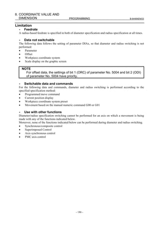 8. COORDINATE VALUE AND
   DIMENSION                                  PROGRAMMING                                          B-64484EN/03


Limitation
  -    Feedrate
  A radius-based feedrate is specified in both of diameter specification and radius specification at all times.

  -    Data not switchable
  The following data follows the setting of parameter DIAx, so that diameter and radius switching is not
  performed:
  •    Parameter
  •    Offset
  •    Workpiece coordinate system
  •    Scale display on the graphic screen

      NOTE
        For offset data, the settings of bit 1 (ORC) of parameter No. 5004 and bit 2 (ODI)
        of parameter No. 5004 have priority.

  -    Switchable data and commands
  For the following data and commands, diameter and radius switching is performed according to the
  specified specification method:
  •    Programmed move command
  •    Current position display
  •    Workpiece coordinate system preset
  •    Movement based on the manual numeric command G00 or G01

  -    Use with other functions
  Diameter/radius specification switching cannot be performed for an axis on which a movement is being
  made with any of the functions indicated below.
  Moreover, none of the functions indicated below can be performed during diameter and radius switching.
  •   Synchronous/composite control
  •   Superimposed Control
  •   Axis synchronous control
  •   PMC axis control




                                                    - 186 -
 