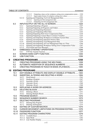 TABLE OF CONTENTS                                                                                                                B-64484EN/03

                           8.2.11.2        Outputting values on the workpiece setting error compensation screen ..... 1220
                           8.2.11.3        Input/output format of workpiece setting error values................................ 1221
              8.2.12       Inputting and Outputting Tool Life Management Data......................................1222
                           8.2.12.1        Inputting tool life management data ........................................................... 1222
                           8.2.12.2        Outputting tool life management data......................................................... 1223
     8.3      INPUT/OUTPUT ON THE ALL IO SCREEN............................................ 1224
              8.3.1        Inputting/Outputting a Program .........................................................................1227
              8.3.2        Inputting/Outputting all Programs and Folders..................................................1229
              8.3.3        Inputting and Outputting Parameters..................................................................1231
              8.3.4        Inputting and Outputting Offset Data.................................................................1232
              8.3.5        Inputting/Outputting Pitch Error Compensation Data........................................1234
              8.3.6        Inputting/Outputting Custom Macro Common Variables ..................................1235
              8.3.7        Inputting and Outputting Workpiece Coordinates System Data ........................1237
              8.3.8        Inputting and Outputting Operation History Data..............................................1238
              8.3.9        Inputting and Outputting Tool Management Data .............................................1239
              8.3.10       Inputting and Outputting All Tool Management Data at a Time .......................1244
              8.3.11       Inputting and Outputting Workpiece Setting Error Compensation Value .........1247
              8.3.12       File Format and Error Messages.........................................................................1248
     8.4      EMBEDDED ETHERNET OPERATIONS................................................ 1249
              8.4.1        FTP File Transfer Function ................................................................................1249
     8.5      SCREEN HARD COPY FUNCTION ........................................................ 1255
     8.6      USB FUNCTION...................................................................................... 1256
9    CREATING PROGRAMS .................................................................. 1258
     9.1      CREATING PROGRAMS USING THE MDI PANEL................................ 1258
     9.2      AUTOMATIC INSERTION OF SEQUENCE NUMBERS ......................... 1259
     9.3      CREATING PROGRAMS IN TEACH IN MODE (PLAYBACK) ................ 1260
10 EDITING PROGRAMS ...................................................................... 1263
     10.1     EDIT DISABLE ATTRIBUTE AND DISPLAY DISABLE ATTRIBUTE ...... 1263
     10.2     INSERTING, ALTERING AND DELETING A WORD .............................. 1264
              10.2.1       Word Search .......................................................................................................1265
              10.2.2       Heading a Program.............................................................................................1267
              10.2.3       Inserting a Word.................................................................................................1267
              10.2.4       Altering a Word..................................................................................................1268
              10.2.5       Deleting a Word .................................................................................................1268
     10.3     REPLACING A WORD OR ADDRESS.................................................... 1269
     10.4     DELETING BLOCKS ............................................................................... 1271
              10.4.1       Deleting a Block.................................................................................................1271
              10.4.2       Deleting Multiple Blocks ...................................................................................1271
     10.5     PROGRAM SEARCH .............................................................................. 1272
     10.6     SEQUENCE NUMBER SEARCH ............................................................ 1273
     10.7     DELETING PROGRAMS......................................................................... 1275
              10.7.1       Deleting One Program........................................................................................1275
              10.7.2       Deleting All Programs........................................................................................1275
     10.8     EDITING OF CUSTOM MACROS ........................................................... 1275
     10.9     CURSOR MOVEMENT LIMITATIONS ON PROGRAM EDITING........... 1276
     10.10    PASSWORD FUNCTION ........................................................................ 1277
     10.11    EDITING PROGRAM CHARACTERS ..................................................... 1279
              10.11.1 Available Keys ...................................................................................................1281
              10.11.2 Input Mode .........................................................................................................1282
              10.11.3 Line Number Display .........................................................................................1282
                                                                 c-12
 