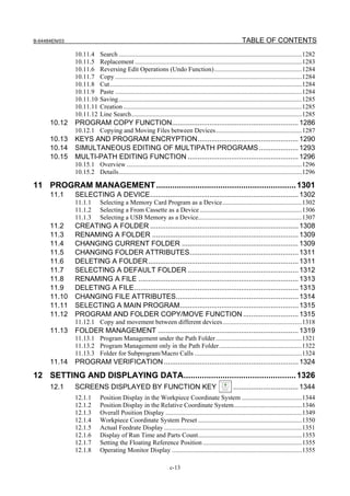 B-64484EN/03                                                                                                   TABLE OF CONTENTS
               10.11.4      Search .................................................................................................................1282
               10.11.5      Replacement .......................................................................................................1283
               10.11.6      Reversing Edit Operations (Undo Function)......................................................1284
               10.11.7      Copy ...................................................................................................................1284
               10.11.8      Cut ......................................................................................................................1284
               10.11.9      Paste ...................................................................................................................1284
               10.11.10     Saving.................................................................................................................1285
               10.11.11     Creation ..............................................................................................................1285
               10.11.12     Line Search.........................................................................................................1285
      10.12    PROGRAM COPY FUNCTION................................................................ 1286
               10.12.1 Copying and Moving Files between Devices.....................................................1287
      10.13    KEYS AND PROGRAM ENCRYPTION................................................... 1290
      10.14    SIMULTANEOUS EDITING OF MULTIPATH PROGRAMS .................... 1293
      10.15    MULTI-PATH EDITING FUNCTION ........................................................ 1296
               10.15.1 Overview ............................................................................................................1296
               10.15.2 Details.................................................................................................................1296

11 PROGRAM MANAGEMENT ............................................................. 1301
      11.1     SELECTING A DEVICE........................................................................... 1302
               11.1.1       Selecting a Memory Card Program as a Device.................................................1302
               11.1.2       Selecting a From Cassette as a Device ...............................................................1306
               11.1.3       Selecting a USB Memory as a Device................................................................1307
      11.2     CREATING A FOLDER ........................................................................... 1308
      11.3     RENAMING A FOLDER .......................................................................... 1309
      11.4     CHANGING CURRENT FOLDER ........................................................... 1309
      11.5     CHANGING FOLDER ATTRIBUTES....................................................... 1311
      11.6     DELETING A FOLDER............................................................................ 1311
      11.7     SELECTING A DEFAULT FOLDER ........................................................ 1312
      11.8     RENAMING A FILE ................................................................................. 1313
      11.9     DELETING A FILE................................................................................... 1313
      11.10    CHANGING FILE ATTRIBUTES.............................................................. 1314
      11.11    SELECTING A MAIN PROGRAM............................................................ 1315
      11.12    PROGRAM AND FOLDER COPY/MOVE FUNCTION ............................ 1315
               11.12.1 Copy and movement between different devices.................................................1318
      11.13    FOLDER MANAGEMENT ....................................................................... 1319
               11.13.1 Program Management under the Path Folder .....................................................1321
               11.13.2 Program Management only in the Path Folder...................................................1322
               11.13.3 Folder for Subprogram/Macro Calls ..................................................................1324
      11.14    PROGRAM VERIFICATION .................................................................... 1324
12 SETTING AND DISPLAYING DATA................................................. 1326
      12.1     SCREENS DISPLAYED BY FUNCTION KEY                                                         ................................. 1344
               12.1.1       Position Display in the Workpiece Coordinate System .....................................1344
               12.1.2       Position Display in the Relative Coordinate System..........................................1346
               12.1.3       Overall Position Display ....................................................................................1349
               12.1.4       Workpiece Coordinate System Preset ................................................................1350
               12.1.5       Actual Feedrate Display .....................................................................................1351
               12.1.6       Display of Run Time and Parts Count................................................................1353
               12.1.7       Setting the Floating Reference Position .............................................................1355
               12.1.8       Operating Monitor Display ................................................................................1355

                                                                    c-13
 
