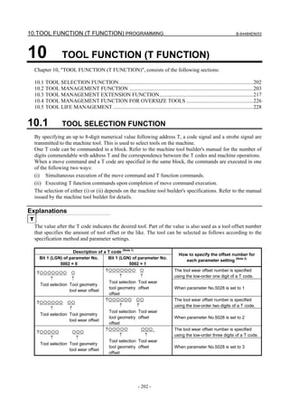 10.TOOL FUNCTION (T FUNCTION) PROGRAMMING                                                                                  B-64484EN/03




10                  TOOL FUNCTION (T FUNCTION)
    Chapter 10, "TOOL FUNCTION (T FUNCTION)", consists of the following sections:

    10.1   TOOL SELECTION FUNCTION ....................................................................................................202
    10.2   TOOL MANAGEMENT FUNCTION .............................................................................................203
    10.3   TOOL MANAGEMENT EXTENSION FUNCTION......................................................................217
    10.4   TOOL MANAGEMENT FUNCTION FOR OVERSIZE TOOLS ..................................................226
    10.5   TOOL LIFE MANAGEMENT.........................................................................................................228


10.1                TOOL SELECTION FUNCTION
    By specifying an up to 8-digit numerical value following address T, a code signal and a strobe signal are
    transmitted to the machine tool. This is used to select tools on the machine.
    One T code can be commanded in a block. Refer to the machine tool builder's manual for the number of
    digits commendable with address T and the correspondence between the T codes and machine operations.
    When a move command and a T code are specified in the same block, the commands are executed in one
    of the following two ways:
    (i) Simultaneous execution of the move command and T function commands.
    (ii) Executing T function commands upon completion of move command execution.
    The selection of either (i) or (ii) depends on the machine tool builder's specifications. Refer to the manual
    issued by the machine tool builder for details.

Explanations
T
    The value after the T code indicates the desired tool. Part of the value is also used as a tool offset number
    that specifies the amount of tool offset or the like. The tool can be selected as follows according to the
    specification method and parameter settings.

                          Description of a T code (Note 1)
                                                                                         How to specify the offset number for
         Bit 1 (LGN) of parameter No.      Bit 1 (LGN) of parameter No.
                                                                                            each parameter setting (Note 2)
                   5002 = 0                           5002 = 1
                                              T                                        The tool wear offset number is specified
     T
                                                        ↑         ↑                    using the low-order one digit of a T code.
              ↑          ↑
                                                  Tool selection Tool wear
         Tool selection Tool geometry
                                                  tool geometry offset                 When parameter No.5028 is set to 1
                        tool wear offset
                                                  offset
                                              T                                        The tool wear offset number is specified
     T
                                                        ↑       ↑                      using the low-order two digits of a T code.
              ↑         ↑
                                                  Tool selection Tool wear
         Tool selection Tool geometry
                                                  tool geometry offset                 When parameter No.5028 is set to 2
                        tool wear offset
                                                  offset
                                              T                                        The tool wear offset number is specified
     T
                                                        ↑           ↑                  using the low-order three digits of a T code.
              ↑            ↑
                                                  Tool selection Tool wear
         Tool selection Tool geometry
                                                  tool geometry offset                 When parameter No.5028 is set to 3
                        tool wear offset
                                                  offset




                                                                 - 202 -
 