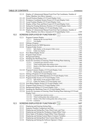 TABLE OF CONTENTS                                                                                                                    B-64484EN/03

          12.1.9     Display of 3-dimensional Manual Feed (Tool Tip Coordinates, Number of
                     Pulses, Machine Axis Move Amount)................................................................1357
          12.1.10    Overall Position Display (15/19-inch Display Unit) ..........................................1360
          12.1.11    Workpiece Coordinate System Preset (15/19-inch Display Unit)......................1363
          12.1.12    Actual Feedrate Display (15/19-inch Display Unit)...........................................1363
          12.1.13    Display of Run Time and Parts Count (15/19-inch Display Unit) .....................1365
          12.1.14    Setting the Floating Reference Position (15/19-inch Display Unit)...................1367
          12.1.15    Operating Monitor Display (15/19-inch Display Unit) ......................................1367
          12.1.16    Display of 3-dimensional Manual Feed (Tool Tip Coordinates, Number of
                     Pulses, Machine Axis Move Amount) (15/19-inch Display Unit) .....................1369
   12.2   SCREENS DISPLAYED BY FUNCTION KEY                                                          ................................. 1372
          12.2.1     Program Contents Display..................................................................................1372
                     12.2.1.1        Displaying the executed block .................................................................... 1373
                     12.2.1.2        Text display................................................................................................. 1375
          12.2.2     Editing a Program...............................................................................................1376
          12.2.3     Program Screen for MDI Operation ...................................................................1377
          12.2.4     Program Folder Screen .......................................................................................1378
                     12.2.4.1        Split display on the program folder screen ................................................. 1379
                     12.2.4.2        Folder tree display....................................................................................... 1383
          12.2.5     Next Block Display Screen ................................................................................1385
          12.2.6     Program Check Screen .......................................................................................1386
          12.2.7     Background Editing............................................................................................1386
          12.2.8     Stamping the Machining Time ...........................................................................1392
          12.2.9     Screen for Assistance in Entering Tilted Working Plane Indexing....................1399
                     12.2.9.1        Command type selection screen.................................................................. 1405
                     12.2.9.2        Tilted working plane data setting screen..................................................... 1406
                     12.2.9.3        Details of the tilted working plane data setting screen................................ 1409
                     12.2.9.4        Limitation.................................................................................................... 1416
          12.2.10 Program Contents Display (15/19-inch Display Unit) .......................................1416
                     12.2.10.1 Displaying the executed block .................................................................... 1417
          12.2.11 Editing a Program (15/19-inch Display Unit) ....................................................1417
          12.2.12 Program Screen for MDI Operation (15/19-inch Display Unit).........................1419
          12.2.13 Program Folder Screen (15/19-inch Display Unit) ............................................1419
                     12.2.13.1 Split display on the program folder screen ................................................. 1420
                     12.2.13.2 Folder tree display (15/19-inch display unit) .............................................. 1424
          12.2.14    Next Block Display Screen (15/19-inch Display Unit) ......................................1424
          12.2.15    Program Check Screen (15/19-inch Display Unit).............................................1425
          12.2.16    Background Editing (15/19-inch Display Unit) .................................................1426
          12.2.17    Stamping the Machining Time (15/19-inch Display Unit).................................1431
          12.2.18    Screen for Assistance in Entering Tilted Working Plane Indexing (15/19-inch
                     Display Unit) ......................................................................................................1439
                     12.2.18.1       Command type selection screen.................................................................. 1445
                     12.2.18.2       Tilted working plane data setting screen..................................................... 1446
                     12.2.18.3       Details of the tilted working plane data setting screen................................ 1449
                     12.2.18.4       Limitation.................................................................................................... 1456
   12.3   SCREENS DISPLAYED BY FUNCTION KEY                                                          ................................. 1457
          12.3.1     Displaying and Entering Setting Data ................................................................1458
          12.3.2     Sequence Number Comparison and Stop ...........................................................1461
          12.3.3     Displaying and Setting Run Time, Parts Count, and Time ................................1462
          12.3.4     Displaying and Setting the Workpiece Origin Offset Value ..............................1464
          12.3.5     Direct Input of Workpiece Origin Offset Value Measured ................................1465
          12.3.6     Displaying and Setting Custom Macro Common Variables...............................1466
          12.3.7     Displaying and Setting Real Time Custom Macro Data ....................................1468
          12.3.8     Displaying and Setting the Software Operator’s Panel ......................................1469
                                                              c-14
 