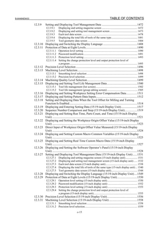 B-64484EN/03                                                                                                     TABLE OF CONTENTS
               12.3.9       Setting and Displaying Tool Management Data ................................................1472
                             12.3.9.1       Displaying and setting magazine screen ..................................................... 1472
                             12.3.9.2       Displaying and setting tool management screen ......................................... 1473
                             12.3.9.3       Each tool data screen .................................................................................. 1478
                             12.3.9.4       Displaying the total life of tools of the same type....................................... 1481
                             12.3.9.5       Tool geometry data screen .......................................................................... 1484
               12.3.10 Displaying and Switching the Display Language ..............................................1488
               12.3.11 Protection of Data at Eight Levels......................................................................1490
                             12.3.11.1      Operation level setting ................................................................................ 1490
                             12.3.11.2      Password modification................................................................................ 1491
                             12.3.11.3      Protection level setting................................................................................ 1493
                             12.3.11.4      Setting the change protection level and output protection level of
                                            a program .................................................................................................... 1495
               12.3.12 Precision Level Selection ...................................................................................1496
               12.3.13 Machining Level Selection.................................................................................1498
                             12.3.13.1 Smoothing level selection ........................................................................... 1498
                             12.3.13.2 Precision level selection.............................................................................. 1499
               12.3.14 Machining Quality Level Selection....................................................................1499
               12.3.15 Displaying and Setting Tool Life Management Data.........................................1500
                             12.3.15.1 Tool life management (list screen).............................................................. 1502
                             12.3.15.2 Tool life management (group editing screen) ............................................. 1505
               12.3.16 Displaying and Setting Workpiece Setting Error Compensation Data...............1511
               12.3.17 Displaying and Setting Pattern Data Inputs........................................................1512
               12.3.18 Setting and Displaying Data When the Tool Offset for Milling and Turning
                       Function Is Enabled............................................................................................1514
               12.3.19 Displaying and Entering Setting Data (15/19-inch Display Unit)......................1517
               12.3.20 Sequence Number Comparison and Stop (15/19-inch Display Unit).................1519
               12.3.21 Displaying and Setting Run Time, Parts Count, and Time (15/19-inch Display
                       Unit) ...................................................................................................................1521
               12.3.22 Displaying and Setting the Workpiece Origin Offset Value (15/19-inch Display
                       Unit) ...................................................................................................................1523
               12.3.23 Direct Input of Workpiece Origin Offset Value Measured (15/19-inch Display
                       Unit) ...................................................................................................................1524
               12.3.24 Displaying and Setting Custom Macro Common Variables (15/19-inch Display
                       Unit) ...................................................................................................................1525
               12.3.25 Displaying and Setting Real Time Custom Macro Data (15/19-inch Display
                       Unit) ...................................................................................................................1527
               12.3.26 Displaying and Setting the Software Operator’s Panel (15/19-inch Display
                       Unit) ...................................................................................................................1528
               12.3.27 Setting and Displaying Tool Management Data (15/19-inch Display Unit) ......1531
                             12.3.27.1      Displaying and setting magazine screen (15-inch display unit).................. 1531
                             12.3.27.2      Displaying and setting tool management screen (15-inch display unit) ..... 1532
                             12.3.27.3      Each tool data screen (15-inch display unit) ............................................... 1538
                             12.3.27.4      Displaying the total life of tools of the same type (15-inch display unit) ... 1540
                             12.3.27.5      Tool geometry data screen (15-inch display unit)....................................... 1544
               12.3.28 Displaying and Switching the Display Language (15/19-inch Display Unit) ....1549
               12.3.29 Protection of Data at Eight Levels (15/19-inch Display Unit) ...........................1550
                             12.3.29.1      Operation level setting (15-inch display unit)............................................. 1550
                             12.3.29.2      Password modification (15-inch display unit) ............................................ 1552
                             12.3.29.3      Protection level setting (15-inch display unit) ............................................ 1553
                             12.3.29.4      Setting the change protection level and output protection level of
                                            a program (15-inch display unit)................................................................. 1555
               12.3.30 Precision Level Selection (15/19-inch Display Unit).........................................1556
               12.3.31 Machining Level Selection (15/19-inch Display Unit) ......................................1558
                             12.3.31.1 Smoothing level selection ........................................................................... 1558
                             12.3.31.2 Precision level selection.............................................................................. 1559

                                                                     c-15
 