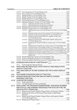 B-64484EN/03                                                                                                      TABLE OF CONTENTS
               12.4.15      Servo Parameters (15/19-inch Display Unit) .....................................................1674
               12.4.16      Servo Tuning (15/19-inch Display Unit)............................................................1675
               12.4.17      Spindle Setting (15/19-inch Display Unit) .........................................................1676
               12.4.18      Spindle Tuning (15/19-inch Display Unit).........................................................1677
               12.4.19      Spindle Monitor (15/19-inch Display Unit) .......................................................1678
               12.4.20      Color Setting Screen (15/19-inch Display Unit) ................................................1679
               12.4.21      Machining Parameter Tuning (15/19-inch Display Unit)...................................1680
                             12.4.21.1 Machining parameter tuning (AI contour) .................................................. 1680
                             12.4.21.2 Machining parameter tuning (nano smoothing) .......................................... 1685
               12.4.22 Displaying Memory Data (15/19-inch Display Unit).........................................1687
               12.4.23 Parameter Tuning Screen (15/19-inch Display Unit) .........................................1690
                             12.4.23.1 Displaying the menu screen and selecting a menu item (15/19-inch display
                                        unit)............................................................................................................. 1690
                             12.4.23.2 Parameter tuning screen (system setting) (15/19-inch display unit) ........... 1693
                             12.4.23.3 Parameter tuning screen (axis setting) (15/19-inch display unit)................ 1694
                             12.4.23.4 Displaying and setting the FSSB servo amplifier setting screen
                                        (15/19-inch display unit)............................................................................. 1695
                             12.4.23.5 Displaying and setting the FSSB spindle amplifier setting screen
                                        (15/19-inch display unit)............................................................................. 1695
                             12.4.23.6 Displaying and setting the FSSB axis setting screen (15/19-inch display
                                        unit)............................................................................................................. 1696
                             12.4.23.7 Displaying and setting the servo setting screen (15/19-inch display unit).. 1696
                             12.4.23.8 Parameter tuning screen (spindle setting) (15/19-inch display unit)........... 1697
                             12.4.23.9 Parameter tuning screen (miscellaneous settings) (15/19-inch display unit)1697
                             12.4.23.10 Displaying and setting the servo tuning screen (15/19-inch display unit) .. 1698
                             12.4.23.11 Displaying and setting the spindle tuning screen (15/19-inch display unit)1698
                             12.4.23.12 Displaying and setting the machining parameter tuning screen (15/19-inch
                                        display unit) ................................................................................................ 1699
               12.4.24 Periodic Maintenance Screen (15/19-inch Display Unit)...................................1703
               12.4.25 System Configuration Screen (15/19-inch Display Unit) ..................................1710
               12.4.26 Power Consumption Monitoring Screen (15/19-inch Display Unit)..................1713
      12.5     SCREENS DISPLAYED BY FUNCTION KEY                                                            ................................. 1715
               12.5.1       External Operator Message History ...................................................................1715
      12.6     SWITCHING BETWEEN MULTI-PATH DISPLAY AND SINGLE-PATH
               DISPLAY FUNCTION .............................................................................. 1718
      12.7     FIVE AXES DISPLAY IN ONE SCREEN FOR THE 8.4-INCH DISPLAY
               UNIT ........................................................................................................ 1722
      12.8     PATH NAME EXPANSION DISPLAY FUNCTION .................................. 1725
      12.9     SCREEN ERASURE FUNCTION AND AUTOMATIC SCREEN
               ERASURE FUNCTION ............................................................................ 1727
      12.10    LOAD METER SCREEN ......................................................................... 1729
               12.10.1 Single-path Display ............................................................................................1729
               12.10.2 Two-path Display and Three-path Display ........................................................1730
      12.11    DISPLAYING THE PROGRAM NUMBER/NAME, SEQUENCE NUMBER,
               AND STATUS, AND WARNING MESSAGES FOR DATA SETTING OR
               INPUT/OUTPUT OPERATION ................................................................ 1734
               12.11.1 Displaying the Program Number, Program Name, and Sequence Number........1734
               12.11.2 Displaying the Status and Warning for Data Setting or Input/Output
                       Operation ............................................................................................................1735
               12.11.3 Displaying the Program Number, Program Name, and Sequence Number
                       (15/19-inch Display Unit) ..................................................................................1738
               12.11.4 Displaying the Program Name ...........................................................................1739

                                                                      c-17
 