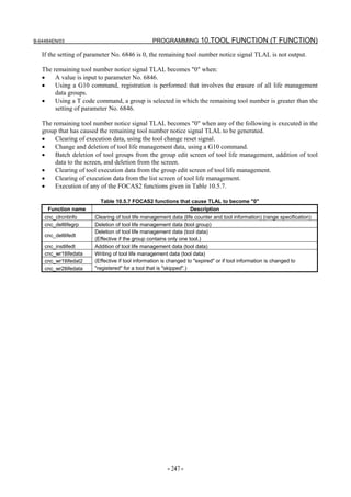 B-64484EN/03                                    PROGRAMMING 10.TOOL FUNCTION (T FUNCTION)

   If the setting of parameter No. 6846 is 0, the remaining tool number notice signal TLAL is not output.

   The remaining tool number notice signal TLAL becomes "0" when:
   •    A value is input to parameter No. 6846.
   •    Using a G10 command, registration is performed that involves the erasure of all life management
        data groups.
   •    Using a T code command, a group is selected in which the remaining tool number is greater than the
        setting of parameter No. 6846.

   The remaining tool number notice signal TLAL becomes "0" when any of the following is executed in the
   group that has caused the remaining tool number notice signal TLAL to be generated.
   •    Clearing of execution data, using the tool change reset signal.
   •    Change and deletion of tool life management data, using a G10 command.
   •    Batch deletion of tool groups from the group edit screen of tool life management, addition of tool
        data to the screen, and deletion from the screen.
   •    Clearing of tool execution data from the group edit screen of tool life management.
   •    Clearing of execution data from the list screen of tool life management.
   •    Execution of any of the FOCAS2 functions given in Table 10.5.7.

                         Table 10.5.7 FOCAS2 functions that cause TLAL to become "0"
     Function name                                         Description
    cnc_clrcntinfo     Clearing of tool life management data (life counter and tool information) (range specification)
    cnc_deltlifegrp    Deletion of tool life management data (tool group)
                       Deletion of tool life management data (tool data)
    cnc_deltlifedt
                       (Effective if the group contains only one tool.)
    cnc_instlifedt     Addition of tool life management data (tool data)
    cnc_wr1tlifedata   Writing of tool life management data (tool data)
    cnc_wr1tlifedat2   (Effective if tool information is changed to "expired" or if tool information is changed to
    cnc_wr2tlifedata   "registered" for a tool that is "skipped".)




                                                      - 247 -
 