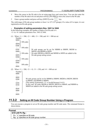 B-64484EN/03                                 PROGRAMMING                    11.AUXILIARY FUNCTION
   4     Move the cursor to the M code to be set using page keys and cursor keys. You can also enter the
         number of the M code to be set and press soft key [NO.SRH] to move the cursor to the M code.
   5     Enter a group number and press soft key [INPUT] or the         key.
   The valid range of M code group numbers is from 1 to 127 (127 groups). If a value of 0 is input, it is not
   registered as an M code group.

   -     Examples of setting parameters Nos. 3441 to 3444
   In the following examples, the number of digits of an M code is 4.
   <1> to <4> indicate parameters Nos. 3441 to 3444.

   (1) When <1> = 300, <2> = 400, <3> = 500, and <4> = 900 are set
        Number
        0000
         :     100 codes
        0099
        0300
         :     100 codes
        0399                M code groups can be set for M0000 to M0099, M0300 to
        0400                M0599, and M0900 to M999.
         :     100 codes    M codes M0300 to M0599 and M0900 to M999 are added to the
        0499                M code group setting screen.
        0500
         :     100 codes
        0599
        0900
         :     100 codes
        0999
   (2) When <1> = 200, <2> = 0, <3> = 550, and <4> = 800 are set
        Number
        0000
         :
        0099
        0200        M code groups can be set for M0000 to M0099, M0200 to M0299, M0550
         :          to M0649, and M0800 to M0899.
        0299        (The setting of parameter <2> is invalid because it is 0.)
        0550        In this case, M codes M0200 to M0299, M0550 to M0649, and M0800 to
         :          M0899 are added to the M code group setting screen.
        0649
        0800
         :
        0899


11.3.2          Setting an M Code Group Number Using a Program
   You can execute a program to set an M code group number and M code name. The command format is
   shown below.

Format
       G10 L40 Pn Rg ;
        Pn: “n” specifies an M code.
        Rg: “g” specifies an M code group number.



                                                   - 251 -
 