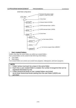 12.PROGRAM MANAGEMENT                              PROGRAMMING                                          B-64484EN/03

               [Initial folder configuration]
                                                            The device that used to contain
                                                            programs is called CNC_MEM.
                     //CNC_MEM

                                                            (1) Root folder
                            /

                                  SYSTEM/                   (2) System folder (SYSTEM)


                                                            (3) MTB dedicated folder 1 (MTB1)
                                  MTB1/

                                                            (4) MTB dedicated folder 2 (MTB2)
                                  MTB2/


                                                            (5) User folder
                                  USER/

                                          PATH1/
                                                                  (a) Path folders (PATHn)
                                          PATH2/


                                          PATHn/

                                                                  (b) Common program folder (LIBRARY)
                                          LIBRARY/


 -    User created folders
 Folders other than the initial folders are called user created folders.
 User created folders can be created in the following initial folders:
 •    User folder
 •    Path folders
 User created folders can contain user created main programs, subprograms, and macro programs.

     NOTE
     1 Folder names must each be unique in the same folder.
     2 Each time a user created folder is created, the number of programs that can be
       registered decreases by one.
     3 Folder hierarchical levels of user created folders are limited.
       Up to three hierarchical levels starting from the user folder (USER/) are
       permitted.




                                                      - 256 -
 