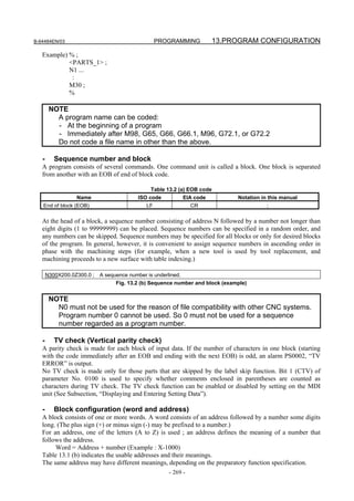 B-64484EN/03                                     PROGRAMMING        13.PROGRAM CONFIGURATION
   Example) % ;
            <PARTS_1> ;
            N1 ...
             :
            M30 ;
            %

        NOTE
          A program name can be coded:
          - At the beginning of a program
          - Immediately after M98, G65, G66, G66.1, M96, G72.1, or G72.2
          Do not code a file name in other than the above.

   -      Sequence number and block
   A program consists of several commands. One command unit is called a block. One block is separated
   from another with an EOB of end of block code.

                                              Table 13.2 (a) EOB code
                  Name                   ISO code          EIA code          Notation in this manual
   End of block (EOB)                       LF                CR                        ;

   At the head of a block, a sequence number consisting of address N followed by a number not longer than
   eight digits (1 to 99999999) can be placed. Sequence numbers can be specified in a random order, and
   any numbers can be skipped. Sequence numbers may be specified for all blocks or only for desired blocks
   of the program. In general, however, it is convenient to assign sequence numbers in ascending order in
   phase with the machining steps (for example, when a new tool is used by tool replacement, and
   machining proceeds to a new surface with table indexing.)

       N300X200.0Z300.0 ; A sequence number is underlined.
                                Fig. 13.2 (b) Sequence number and block (example)


        NOTE
          N0 must not be used for the reason of file compatibility with other CNC systems.
          Program number 0 cannot be used. So 0 must not be used for a sequence
          number regarded as a program number.

   -      TV check (Vertical parity check)
   A parity check is made for each block of input data. If the number of characters in one block (starting
   with the code immediately after an EOB and ending with the next EOB) is odd, an alarm PS0002, “TV
   ERROR” is output.
   No TV check is made only for those parts that are skipped by the label skip function. Bit 1 (CTV) of
   parameter No. 0100 is used to specify whether comments enclosed in parentheses are counted as
   characters during TV check. The TV check function can be enabled or disabled by setting on the MDI
   unit (See Subsection, “Displaying and Entering Setting Data”).

   -      Block configuration (word and address)
   A block consists of one or more words. A word consists of an address followed by a number some digits
   long. (The plus sign (+) or minus sign (-) may be prefixed to a number.)
   For an address, one of the letters (A to Z) is used ; an address defines the meaning of a number that
   follows the address.
        Word = Address + number (Example : X-1000)
   Table 13.1 (b) indicates the usable addresses and their meanings.
   The same address may have different meanings, depending on the preparatory function specification.
                                                    - 269 -
 