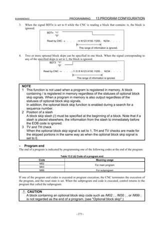 B-64484EN/03                                  PROGRAMMING             13.PROGRAM CONFIGURATION
   3.     When the signal BDTn is set to 0 while the CNC is reading a block that contains /n, the block is
          ignored.
                            BDTn "1"
                                 "0"

                            Read by CNC → . . . ; /n N123 X100. Y200.; N234 . . . .

                                                      This range of information is ignored.


   4.     Two or more optional block skips can be specified in one block. When the signal corresponding to
          any of the specified skips is set to 1, the block is ignored.
                             BDT3 "1"
                                  "0"

                        Read by CNC → . . . ; /1 /3 /5 N123 X100. Y200. ; N234 . . . .

                                                    This range of information is ignored.


        NOTE
        1 This function is not used when a program is registered in memory. A block
          containing / is registered in memory regardless of the statuses of optional block
          skip signals. When a program in memory is also output regardless of the
          statuses of optional block skip signals.
          In addition, the optional block skip function is enabled during a search for a
          sequence number.
        2 Position of a slash
          A block skip slash (/) must be specified at the beginning of a block. Note that if a
          slash is placed elsewhere, the information from the slash to immediately before
          the EOB code is ignored.
        3 TV and TH check
          When the optional block skip signal is set to 1, TH and TV checks are made for
          the skipped portions in the same way as when the optional block skip signal is
          set to 0.

   -     Program end
   The end of a program is indicated by programming one of the following codes at the end of the program:

                                       Table 13.2 (d) Code of a program end
                     Code                                             Meaning usage
                     M02
                                                                     For main program
                     M03
                     M99                                              For subprogram

   If one of the program end codes is executed in program execution, the CNC terminates the execution of
   the program, and the reset state is set. When the subprogram end code is executed, control returns to the
   program that called the subprogram.

            CAUTION
           A block containing an optional block skip code such as /M02 ; , /M30 ; , or /M99 ;
           is not regarded as the end of a program. (see "Optional block skip".)



                                                    - 273 -
 