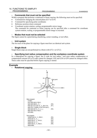 14. FUNCTIONS TO SIMPLIFY
    PROGRAMMING                               PROGRAMMING                                B-64484EN/03


  -   Commands that must not be specified
  Within a program that performs a rotational or linear copying, the following must not be specified:
  •   Command for changing the selected plane (G17 to G19)
  •   Command for specifying polar coordinates
  •   Reference position return command
  •   Coordinate system rotation, scaling, programmable mirror image
      The command for rotational or linear copying can be specified after a command for coordinate
      system rotation, scaling, or programmable mirror image is executed.

  -   Modes that must not be selected
  The figure cannot be copied during chamfering, corner rounding, or tool offset.

  -   Unit system
  The two axes of the plane for copying a figure must have an identical unit system.

  -   Single block
  Single-block stops are not performed in a block with G72.1 or G72.2.

  -   Specifying tool radius compensation and the workpiece coordinate system
  In a subprogram for copying a figure, the G code for tool radius / tool nose radius compensation or
  compensation amount (H or D code) cannot be changed. G92 and G54 to G59 cannot be changed either.
  Those codes must be specified before figure copying is started.

Example
  -   Rotational copying
                                                      Y




                                                 P4         P3
                                                                  Start point


                                                 P5              P2
                                                                      P0
                                            P6            120°
                                                                      P1
                                                                                X




                       Main program
                        O1000 ;
                        N10 G92 X40.0 Y50.0 ;
                        N20 G00 G90 X_ Y_ ;                      (P0)
                        N30 G01 G17 G41 X_ Y_ D01 F10 ;          (P1)
                        N40 G72.1 P2000 L3 X0 Y0 R120.0 ;
                        N50 G40 G01 X_ Y_ I_ J_ ;                (P0)
                        N60 G00 X40.0 Y50.0 ;
                        N70 M30 ;

                       Sub program
                        O2000 G03 X_ Y_ R30.0 ;                  (P2)
                        N100 G01 X_ Y_ ;                         (P3)
                        N200 G03 X_ Y_ R10.0 ;                   (P4)
                        N300 G01 X_ Y_ ;                         (P5)
                        N400 G03 X_ Y_ R30.0 ;                   (P6)
                        N500 M99;


                                                      - 282 -
 