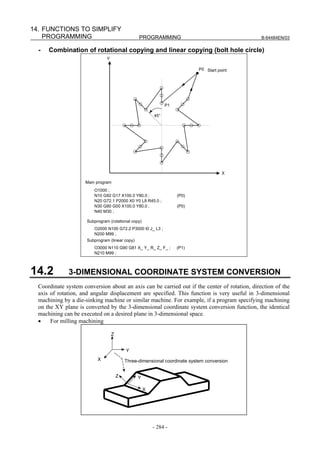 14. FUNCTIONS TO SIMPLIFY
    PROGRAMMING                                   PROGRAMMING                                  B-64484EN/03


  -   Combination of rotational copying and linear copying (bolt hole circle)
                                Y

                                                                             P0 Start point




                                                               P1

                                                         45°




                                                                                        X

                     Main program
                         O1000 ;
                         N10 G92 G17 X100.0 Y80.0 ;                 (P0)
                         N20 G72.1 P2000 X0 Y0 L8 R45.0 ;
                         N30 G80 G00 X100.0 Y80.0 ;                 (P0)
                         N40 M30 ;

                      Subprogram (rotational copy)
                         O2000 N100 G72.2 P3000 I0 J_ L3 ;
                         N200 M99 ;
                      Subprogram (linear copy)
                         O3000 N110 G90 G81 X_ Y_ R_ Z_ F_ ;        (P1)
                         N210 M99 ;



14.2          3-DIMENSIONAL COORDINATE SYSTEM CONVERSION
  Coordinate system conversion about an axis can be carried out if the center of rotation, direction of the
  axis of rotation, and angular displacement are specified. This function is very useful in 3-dimensional
  machining by a die-sinking machine or similar machine. For example, if a program specifying machining
  on the XY plane is converted by the 3-dimensional coordinate system conversion function, the identical
  machining can be executed on a desired plane in 3-dimensional space.
  •    For milling machining

                                    Z


                                            Y
                           X                Three-dimensional coordinate system conversion


                                        Z        Y

                                                     X




                                                         - 284 -
 