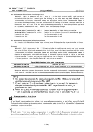 14. FUNCTIONS TO SIMPLIFY
    PROGRAMMING                                  PROGRAMMING                                            B-64484EN/03

    For acceleration/deceleration after interpolation
         When bit 1 (D3R) of parameter No. 11221 is set to 1 (for the rapid traverse mode), rapid traverse in
         the drilling direction in a canned cycle for drilling in the tilted working plane indexing mode,
         3-dimensional coordinate conversion mode, or workpiece setting error compensation mode is
         accelerated/decelerated along each axis independently according to the time constants specified in
         parameters Nos. 1620 and 1621. So, when performing positioning of linear interpolation type with
         bit 1 (D3R) of parameter No. 11221 set to 1, make the following settings:

          Bit 1 of (LRP) of parameter No. 1401=1       Selects positioning of linear interpolation type.
          Bit 4 of (PRT) of parameter No. 1603=1       Selects acceleration/deceleration of constant time type.
          Parameter No. 1620                           Set the same value for all.
          Parameter No. 1621                           Set the same value for all.

    For acceleration/deceleration before interpolation
         In a canned cycle for drilling, linear rapid traverse in the drilling direction is performed at all times.

    Feedrate
        When bit 1 (D3R) of parameter No. 11221 is set to 1 (for the rapid traverse mode), the rapid traverse
        rate in the drilling direction in a canned cycle for drilling in the tilted working plane indexing mode,
        3-dimensional coordinate conversion mode, or workpiece setting error compensation mode is
        clamped to a parameter value indicated below if the rapid traverse override is 100%. In the rapid
        traverse override F0 mode, however, the rapid traverse rate is clamped to the value of parameter No.
        1421 or a parameter value listed in Table 14.2 (a), whichever smaller.

                                  Table 14.2 (a) Feedrate in the rapid traverse mode
         Parameter No. 5412=0                                     Parameter No. 1420
         Parameter No. 5412≠0           Value of parameter No. 1420 or value of parameter 5412, whichever smaller

          However, when the external deceleration function is enabled, the feedrate is clamped to a parameter
          value listed in Table 14.2 (a) that is overridden or an external deceleration speed, whichever smaller.

        NOTE
        1 Set a rapid traverse rate for each axis in parameter No. 1420 and a tangential
          rapid traverse rate in parameter No. 5412.
        2 If rapid traverse of nonlinear interpolation type is performed, the feedrate is
          clamped to the value of parameter No. 1420, regardless of the setting of
          parameter No. 5412.
        3 When the cutting feed mode is selected (when bit 1 (D3R) of parameter No.
          11221 is set to 0), set a tangential rapid traverse rate in parameter No. 5412.

    -    Compensation functions
M
    If tool length compensation, tool radius / tool nose radius compensation, or tool offset is specified with
    3-dimensional coordinate system conversion, compensation is performed first, followed by 3-dimensional
    coordinate system conversion.

T
    If tool radius / tool nose radius compensation is specified with 3-dimensional coordinate system
    conversion, compensation is performed first, followed by 3-dimensional coordinate system conversion.




                                                       - 290 -
 