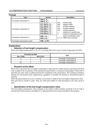 15.COMPENSATION FUNCTION                       PROGRAMMING                                          B-64484EN/03


Format
                        Type                              Format                    Description
                                               G43 Z_ H_ ;
      Tool length compensation A
                                               G44 Z_ H_ ;
                                                                     G43    :  Positive offset
                                               G17 G43 Z_ H_ ;       G44    :  Negative offset
                                               G17 G44 Z_ H_ ;       G17    :  XY plane selection
                                               G18 G43 Y_ H_ ;       G18    :  ZX plane selection
      Tool length compensation B
                                               G18 G44 Y_ H_ ;       G19    :  YZ plane selection
                                               G19 G43 X_ H_ ;       α      :  Address of a specified axis
                                               G19 G44 X_ H_ ;       H      :  Address for specifying the tool
                                               G43 α_H_ ;                      length compensation value
      Tool length compensation C                                     X, Y, Z : Offset move command
                                               G44 α_H_ ;
      Tool length compensation cancel          G49 ; or H0 ;


Explanation
  -      Selection of tool length compensation
  Select tool length compensation A, B, or C, by setting bits 0 (TLC) and 1 (TLB) of parameter No.5001 .

                         Parameter No.5001
                                                                                  Type
              Bit 1 (TLB)                 Bit 0 (TLC)
                   0                           0                       Tool length compensation A
                   1                           0                       Tool length compensation B
                  0/1                          1                       Tool length compensation C


  -      Direction of the offset
  When G43 is specified, the tool length compensation value (stored in offset memory) specified with the H
  code is added to the coordinates of the end position specified by a command in the program. When G44 is
  specified, the same value is subtracted from the coordinates of the end position. The resulting coordinates
  indicate the end position after compensation, regardless of whether the absolute or incremental mode is
  selected.
  When the specification of an axis is omitted, a movement is made by the tool length compensation value.
  G43 and G44 are modal G codes. They are valid until another G code belonging to the same group is
  used.

  -      Specification of the tool length compensation value
  The tool length compensation value assigned to the number (offset number) specified in the H code is
  selected from offset memory and added to or subtracted from the moving command in the program.




                                                        - 296 -
 