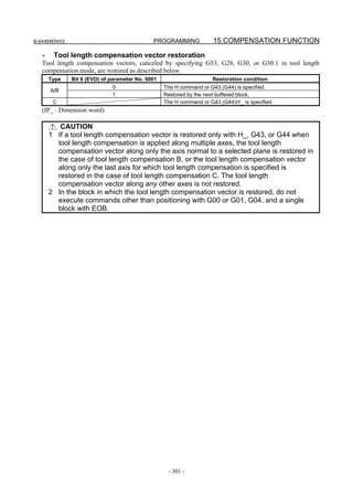 B-64484EN/03                                  PROGRAMMING             15.COMPENSATION FUNCTION

   -    Tool length compensation vector restoration
   Tool length compensation vectors, canceled by specifying G53, G28, G30, or G30.1 in tool length
   compensation mode, are restored as described below.
       Type    Bit 6 (EVO) of parameter No. 5001                      Restoration condition
                              0                    The H command or G43 (G44) is specified.
       A/B
                              1                    Restored by the next buffered block.
        C                                          The H command or G43 (G44)IP_ is specified.
   (IP_ : Dimension word)

          CAUTION
       1 If a tool length compensation vector is restored only with H_, G43, or G44 when
         tool length compensation is applied along multiple axes, the tool length
         compensation vector along only the axis normal to a selected plane is restored in
         the case of tool length compensation B, or the tool length compensation vector
         along only the last axis for which tool length compensation is specified is
         restored in the case of tool length compensation C. The tool length
         compensation vector along any other axes is not restored.
       2 In the block in which the tool length compensation vector is restored, do not
         execute commands other than positioning with G00 or G01, G04, and a single
         block with EOB.




                                                    - 301 -
 