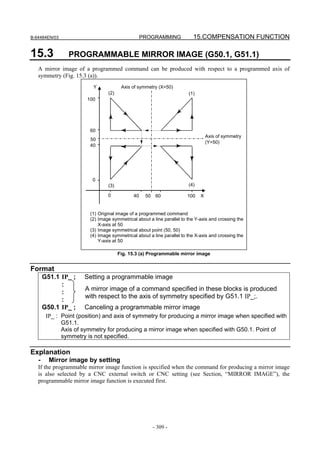 B-64484EN/03                                      PROGRAMMING            15.COMPENSATION FUNCTION

15.3            PROGRAMMABLE MIRROR IMAGE (G50.1, G51.1)
   A mirror image of a programmed command can be produced with respect to a programmed axis of
   symmetry (Fig. 15.3 (a)).
                          Y            Axis of symmetry (X=50)
                                (2)                                    (1)
                       100




                        60
                                                                                 Axis of symmetry
                        50
                                                                                 (Y=50)
                        40




                         0
                                (3)                                    (4)

                                0            40    50    60           100    X


                        (1) Original image of a programmed command
                        (2) Image symmetrical about a line parallel to the Y-axis and crossing the
                            X-axis at 50
                        (3) Image symmetrical about point (50, 50)
                        (4) Image symmetrical about a line parallel to the X-axis and crossing the
                            Y-axis at 50

                                      Fig. 15.3 (a) Programmable mirror image


Format
       G51.1 IP_ ;    Setting a programmable image
             :
                       A mirror image of a command specified in these blocks is produced
             :
                       with respect to the axis of symmetry specified by G51.1 IP_;.
             :
       G50.1 IP_ ;    Canceling a programmable mirror image
        IP_ : Point (position) and axis of symmetry for producing a mirror image when specified with
              G51.1.
              Axis of symmetry for producing a mirror image when specified with G50.1. Point of
              symmetry is not specified.

Explanation
   -     Mirror image by setting
   If the programmable mirror image function is specified when the command for producing a mirror image
   is also selected by a CNC external switch or CNC setting (see Section, “MIRROR IMAGE”), the
   programmable mirror image function is executed first.




                                                        - 309 -
 