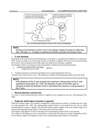 B-64484EN/03                                         PROGRAMMING                  15.COMPENSATION FUNCTION
                       The tool is controlled so that the C-axis         A rotation command is inserted so
                       is always normal to the tool path                 that the C-axis becomes normal to
                       determined by circular interpolation.             the arc at the start point.




                       Tool center path



                                                          Center of the arc
                                              Programmed tool path

                          Fig. 15.4 (f) Normal direction control of the circular interpolation


       NOTE
         During normal direction control, the C axis always rotates through an angle less
         than 180 deg. I.e., it rotates in whichever direction provides the shorter route.

   -    C axis feedrate
   Movement of the tool inserted at the beginning of each block is executed at the feedrate set in parameter
   5481. If dry run mode is on at that time, the dry run feedrate is applied. If the tool is to be moved along
   the X-and Y-axes in rapid traverse (G00) mode, the rapid traverse feedrate is applied.
   The feedrate of the C axis during circular interpolation is defined by the following formula.
            Amount of movement of the C axis (deg)
       F×                                                    (deg/min)
                 Length of arc (mm or inch)

   F : Feedrate (mm/min or inch/min) specified by the corresponding block of the arc
   Amount of movement of the C axis : The difference in angles at the beginning and the end of the block.

       NOTE
         If the feedrate of the C axis exceeds the maximum cutting speed of the C axis
         specified to parameter No. 1430, the feedrate of each of the other axes is
         clamped to keep the feedrate of the C axis below the maximum cutting speed of
         the C axis.

   -    Normal direction control axis
   A C-axis to which normal-direction control is applied can be assigned to any axis with parameter No.
   5480.

   -    Angle for which figure insertion is ignored
   When the rotation angle to be inserted, calculated by normal-direction control, is smaller than the value
   set with parameter No. 5482, the corresponding rotation block is not inserted for the axis to which
   normal-direction control is applied. This ignored rotation angle is added to the next rotation angle to be
   inserted, the total angle being subject to the same check at the next block.
   If an angle of 360 degrees or more is specified, the corresponding rotation block is not inserted.
   If an angle of 180 degrees or more is specified in a block other than that for circular interpolation with a
   C-axis rotation angle of 180 degrees or more, the corresponding rotation block is not inserted.




                                                             - 313 -
 