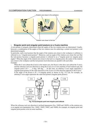 15.COMPENSATION FUNCTION                     PROGRAMMING                                           B-64484EN/03


                                        Rotation axis closer to the workpiece




          Tool rotation type                 Table rotation type                   Composite type




                                        Rotation axis closer to the tool


 -   Singular point and singular point posture on a 5-axis machine
 A tool posture is uniquely determined when the angles of the two rotation axes are determined. Usually,
 however, a combination of the angles of the two rotation axes for achieving a certain tool posture is not
 determined uniquely.
 In particular, such a tool posture that the angle of the rotation axis closer to the workpiece is arbitrary is
 referred to as a "singular point posture". Moreover, such an angle of the rotation axis closer the tool that
 the tool posture becomes a singular point posture is referred to as a "singular point (or singular point
 angle)". When the angle of the rotation axis closer to the tool is a singular point, the center of the rotation
 axis closer to the workpiece and the tool posture (tool direction) are parallel with each other.
 Example:
       When the C-axis (about the Z-axis) is the master axis, the B-axis is the slave axis (about the Y-axis),
       and the reference tool axis direction is along the Z-axis on a 5-axis machine of tool rotation type, the
       singular point is B = …, 0 deg, 180 deg, .... At this time, an arbitrary C-axis angle represents a
       singular point posture (in the same direction as the Z-axis or in the direction opposite to the Z-axis).
       If the angle of the B-axis is B = 0 (singular point) as shown in Fig. 15.5 (d), for example, an
       arbitrary C-axis angle represents the same tool posture (singular point posture).

                              C=0                                                 C=60




                              B=0                                                   B=0
                           (Singular                          Z                  (Singular
                             point)                                                point)
                                                     X
                       Singular point
                          posture

                             Fig. 15.5 (d) Singular point and singular point attitude

 When the reference tool axis direction is inclined (parameters Nos. 19698 and 19699), or the rotation axis
 is an angular axis (parameters Nos. 19682, 19683, 19687, and 19688), for example, no singular point and
 singular point posture exist on some machines.




                                                    - 326 -
 