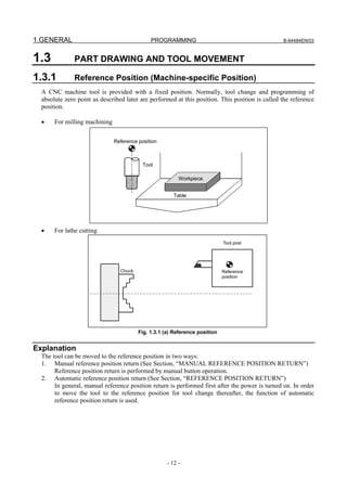 1.GENERAL                                     PROGRAMMING                                        B-64484EN/03



1.3            PART DRAWING AND TOOL MOVEMENT

1.3.1          Reference Position (Machine-specific Position)
  A CNC machine tool is provided with a fixed position. Normally, tool change and programming of
  absolute zero point as described later are performed at this position. This position is called the reference
  position.

  •    For milling machining


                               Reference position



                                           Tool

                                                          Workpiece


                                                        Table




  •    For lathe cutting
                                                                             Tool post




                                 Chuck                                       Reference
                                                                             position




                                         Fig. 1.3.1 (a) Reference position


Explanation
  The tool can be moved to the reference position in two ways:
  1. Manual reference position return (See Section, “MANUAL REFERENCE POSITION RETURN”)
       Reference position return is performed by manual button operation.
  2. Automatic reference position return (See Section, “REFERENCE POSITION RETURN”)
       In general, manual reference position return is performed first after the power is turned on. In order
       to move the tool to the reference position for tool change thereafter, the function of automatic
       reference position return is used.




                                                     - 12 -
 