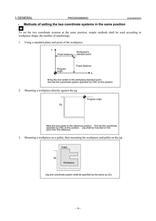 1.GENERAL                                            PROGRAMMING                                    B-64484EN/03


 -       Methods of setting the two coordinate systems in the same position
     M
 To set the two coordinate systems at the same position, simple methods shall be used according to
 workpiece shape, the number of machinings.

 1.      Using a standard plane and point of the workpiece.

                               Y
                                                             Workpiece's
                                         Fixed distance      standard point




                                                             Fixed distance
                                         Program
                                         origin
                                                                          X

                            Bring the tool center to the workpiece standard point.
                            And set the coordinate system specified by CNC at this position.


 2.      Mounting a workpiece directly against the jig

                                                                       Program origin

                                          Jig




                           Meet the tool center to the reference position. And set the coordinate
                           specified by CNC at this position. (Jig shall be mounted on the
                           point from the reference


 3.      Mounting a workpiece on a pallet, then mounting the workpiece and pallet on the jig


                                            Pallet



                                   Jig

                                                Workpiece




                          (Jig and coordinate system shall be specified by the same as (2)).




                                                            - 16 -
 