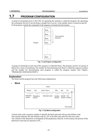 1.GENERAL                                      PROGRAMMING                                           B-64484EN/03



1.7           PROGRAM CONFIGURATION
  A group of commands given to the CNC for operating the machine is called the program. By specifying
  the commands, the tool is moved along a straight line or an arc, or the spindle motor is turned on and off.
  In the program, specify the commands in the sequence of actual tool movements.

                                                   Block


                                                   Block
                                                                 Tool movement
                                                                 sequence
                                                   Block


                                Program            Block

                                                       :
                                                       :
                                                       :
                                                       :

                                                   Block


                                        Fig. 1.7 (a) Program configuration

  A group of commands at each step of the sequence is called the block. The program consists of a group of
  blocks for a series of machining. The number for discriminating each block is called the sequence number,
  and the number for discriminating each program is called the program number (See Chapter,
  “PROGRAM CONFIGURATION”).

Explanation
  The block and the program have the following configurations.

 -    Block
                                                    1 block

                       Nxxxxx     Gxx         Xxxx.x Yxxx.x       Mxx        Sxx      Txx        ;



                     Sequence   Preparatory     Dimension word   Auxiliary   Spindle Tool
                     number     function                         function    function function




                                                                                   End of block

                                          Fig. 1.7 (b) Block configuration

  A block starts with a sequence number to identify the block and ends with an end-of-block code.
  This manual indicates the end-of-block code by; (LF in the ISO code and CR in the EIA code).
  The contents of the dimension word depend on the preparatory function. In this manual, the portion of the
  dimension word may be represent as IP_.




                                                      - 24 -
 