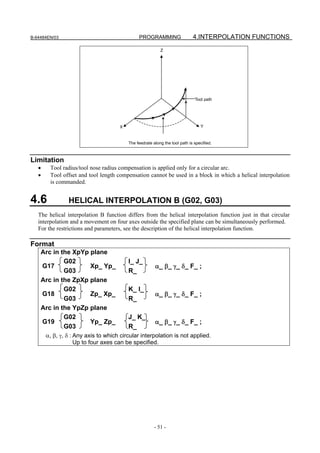 B-64484EN/03                                  PROGRAMMING                   4.INTERPOLATION FUNCTIONS
                                                          Z




                                                                             Tool path




                                     X                                          Y


                                         The feedrate along the tool path is specified.



Limitation
   •    Tool radius/tool nose radius compensation is applied only for a circular arc.
   •    Tool offset and tool length compensation cannot be used in a block in which a helical interpolation
        is commanded.


4.6             HELICAL INTERPOLATION B (G02, G03)
   The helical interpolation B function differs from the helical interpolation function just in that circular
   interpolation and a movement on four axes outside the specified plane can be simultaneously performed.
   For the restrictions and parameters, see the description of the helical interpolation function.

Format
    Arc in the XpYp plane
            G02                          I_ J_
    G17             Xp_ Yp_                            α_ β_ γ_ δ_ F_ ;
            G03                          R_
    Arc in the ZpXp plane
            G02                          K_ I_
    G18             Zp_ Xp_                            α_ β_ γ_ δ_ F_ ;
            G03                          R_
    Arc in the YpZp plane
            G02                          J_ K_
    G19             Yp_ Zp_                            α_ β_ γ_ δ_ F_ ;
            G03                          R_
       α, β, γ, δ : Any axis to which circular interpolation is not applied.
                    Up to four axes can be specified.




                                                       - 51 -
 