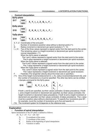 B-64484EN/03                                    PROGRAMMING             4.INTERPOLATION FUNCTIONS

   -     Conical interpolation
       XpYp plane
       G17      G02
                        X_ Y_ I_ J_ Z_ Q_ L_ F_ ;
                G03
       ZpXp plane
                G02
       G18              Z_ X_ K_ I_ Y_ Q_ L_ F_ ;
                G03
       YpZp plane
                G02
       G19              Y_ Z_ J_ K_ X_ Q_ L_ F_ ;
                G03
        X, Y, Z :Coordinates of the end point
        L       :Number of revolutions (positive value without a decimal point) (*1)
        Q       :Radius increment or decrement per spiral revolution (*1, *2)
        I, J, K :Two of the three values represent a signed vector from the start point to the center.
                 The remaining value is a height increment or decrement per spiral revolution in
                 conical interpolation. (*1)
                 When the XpYp plane is selected:
                  The I and J values represent a signed vector from the start point to the center.
                   The K value represents a height increment or decrement per spiral revolution.
                 When the ZpXp plane is selected:
                  The K and I values represent a signed vector from the start point to the center.
                   The J value represents a height increment or decrement per spiral revolution.
                 When the YpZp plane is selected:
                  The J and K values represent a signed vector from the start point to the center.
                   The I value represents a height increment or decrement per spiral revolution.
        F      : Feedrate (The tangential velocity about the linear axis is specified.)
        (*1) One of the height increment/decrement (I, J, K), radius increment/decrement (Q), and
             the number of revolutions (L) must be specified. The other two items can be omitted.
             • Sample command for the XpYp plane
                          G02                                   K_
                G18                   X_ Y_ I_ J_ Z_            Q_           F_ ;
                          G03
                                                                L_
             If both L and Q are specified, but their values contradict, Q takes precedence. If both
             L and a height increment or decrement are specified, but their values contradict, the
             height increment or decrement takes precedence. If both Q and a height increment or
             decrement are specified, but their values contradict, Q takes precedence. The L value
             must be a positive value without a decimal point. To specify four revolutions plus 90°,
             for example, round the number of revolutions up to five and specify L5.
        (*2) The increment system for Q depends on the reference axis.

Explanation
   -     Function of spiral interpolation
   Spiral interpolation in the XY plane is defined as follows:
          (X − X 0 ) 2 + (Y − Y0 ) 2 = (R + Q' ) 2
              X0 :         X coordinate of the center
              Y0 :         Y coordinate of the center
              R :          Radius at the beginning of spiral interpolation
              Q' :         Variation in radius


                                                       - 53 -
 