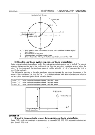 B-64484EN/03                                              PROGRAMMING                4.INTERPOLATION FUNCTIONS

                                      Hypothetical axis (C-axis)


                                                                            Rotary axis



                                                                       (X, C)




                                                                                          X-axis
                      Error in the direction of
                      hypothetical axis (P)
                                Center of rotary axis




                  (X, C) : Point in the X-C plane (The center of the rotary axis is considered to be the origin of
                           the X-C plane.)
                  X      : X coordinate in the X-C plane
                  C      : Hypothetical axis coordinate in the X-C plane
                  P      : Error in the direction of the hypothetical axis (specified in parameter No. 5464)


   -      Shifting the coordinate system in polar coordinate interpolation
   In the polar coordinate interpolation mode, the workpiece coordinate system can be shifted. The current
   position display function shows the position viewed from the workpiece coordinate system before the
   shift. The function to shift the coordinate system is enabled when bit 2 (PLS) of parameter No. 5450 is
   specified accordingly.
   The shift can be specified in the polar coordinate interpolation mode, by specifying the position of the
   center of the rotary axis C (A, B) in the X-C (Y-A, Z-B) interpolation plane with reference to the origin of
   the workpiece coordinate system, in the following format.

       G12.1 X_ C_ ; (Polar coordinate interpolation for the X-axis and C-axis)
       G12.1 Y_ A_ ; (Polar coordinate interpolation for the Y-axis and A-axis)
       G12.1 Z_ B_ ; (Polar coordinate interpolation for the Z-axis and B-axis)


                                                      C
                                                                                G12.1 Xx Cc ;


                                                                                          Center of C-axis


                                                  c


                                                                                                     X
                             Origin of workpiece
                             coordinate system                     x



Limitation
   -      Changing the coordinate system during polar coordinate interpolation
   In the G12.1 mode, the coordinate system must not be changed (G92, G52, G53, relative coordinate reset,
   G54 through G59, etc.).

                                                              - 61 -
 