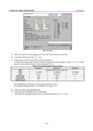 1.DISPLAY AND OPERATION                                                                          B-64485EN/01




                                                   Fig. 1.9.1.5 (c)

  15    Move the cursor to the parameter you want to set, by pressing the cursor key.
  16    Enter data and the press the        key.
  17     Repeat steps 15 and 16 until you set all the parameters.
       To display the Bode graph, make the channel settings of the Bode graph in Table 1.9.1.5 (a). At this
       time, be sure to disable channel 4 (axis for channel 4 is 0).
                                  Table 1.9.1.5 (a) Bode graph channel settings
                                     Channel 1                   Channel 2                  Channel 3
            AXIS                                       Specify the same servo motor axis.
            TYPE                       2 : TCMD                   16 : FRTCM                15 : FREQ
            UNIT                         33 : %                     33 : A(p)                32 : Hz
         CONV.COEF                         100                         100                       1
         CONV.BASE                        7282                       -7282                       1
        ORIGIN VALUE                        0                           0                        0

       Set a trigger that corresponds to the program prepared in step 4.
       (In the programming example, set N number for a trigger to 1.)

  18    Click the soft key [RE-DSPGRAPH].
  19    Click the soft key [OPERATION & GRAPH].
        The operation and graph setting screen is displayed as shown Fig. 1.9.1.5 (d).




                                                     - 122 -
 