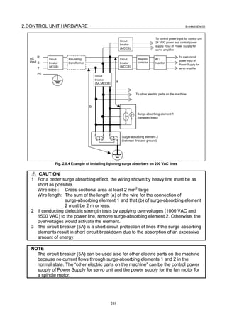 2.CONTROL UNIT HARDWARE                                                                                        B-64485EN/01


                                                                                      To control power input for control unit
                                                              Circuit
                                                                                      24 VDC power and control power
                                                              breaker
                                                                                      supply input of Power Supply for
                                                              (MCCB)
                                                                                      servo amplifier

        R                                                                                                To main circuit
  AC        Circuit     Insulating                            Circuit     Magnetic    AC
  input S                                                                                                power input of
            breaker     transformer                           breaker     contactor   reactor
                                                                                                         Power Supply for
       T
            (MCCB)                                            (MCCB)                                     servo amplifier

       PE
                                          Circuit
                                          breaker
                                                         a
                                          (5A,MCCB)


                                                                        To other electric parts on the machine



                                      b
                                                                         Surge-absorbing element 1
                                                                         (between lines)




                                                               Surge-absorbing element 2
                                                               (between line and ground)




                Fig. 2.8.4 Example of installing lightning surge absorbers on 200 VAC lines


      CAUTION
   1 For a better surge absorbing effect, the wiring shown by heavy line must be as
     short as possible.
     Wire size : Cross-sectional area at least 2 mm2 large
     Wire length: The sum of the length (a) of the wire for the connection of
                   surge-absorbing element 1 and that (b) of surge-absorbing element
                   2 must be 2 m or less.
   2 If conducting dielectric strength tests by applying overvoltages (1000 VAC and
     1500 VAC) to the power line, remove surge-absorbing element 2. Otherwise, the
     overvoltages would activate the element.
   3 The circuit breaker (5A) is a short circuit protection of lines if the surge-absorbing
     elements result in short circuit breakdown due to the absorption of an excessive
     amount of energy.

   NOTE
     The circuit breaker (5A) can be used also for other electric parts on the machine
     because no current flows through surge-absorbing elements 1 and 2 in the
     normal state. The “other electric parts on the machine” can be the control power
     supply of Power Supply for servo unit and the power supply for the fan motor for
     a spindle motor.




                                                    - 248 -
 