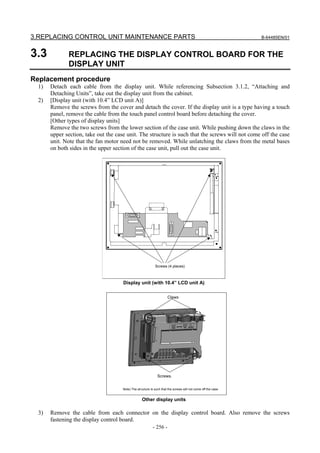3.REPLACING CONTROL UNIT MAINTENANCE PARTS                                                                      B-64485EN/01



3.3           REPLACING THE DISPLAY CONTROL BOARD FOR THE
              DISPLAY UNIT
Replacement procedure
  1)   Detach each cable from the display unit. While referencing Subsection 3.1.2, “Attaching and
       Detaching Units”, take out the display unit from the cabinet.
  2)   [Display unit (with 10.4” LCD unit A)]
       Remove the screws from the cover and detach the cover. If the display unit is a type having a touch
       panel, remove the cable from the touch panel control board before detaching the cover.
       [Other types of display units]
       Remove the two screws from the lower section of the case unit. While pushing down the claws in the
       upper section, take out the case unit. The structure is such that the screws will not come off the case
       unit. Note that the fan motor need not be removed. While unlatching the claws from the metal bases
       on both sides in the upper section of the case unit, pull out the case unit.




                                                             Screws (4 places)



                                      Display unit (with 10.4” LCD unit A)

                                                                      Claws




                                                               Screws.


                                      Note) The structure is such that the screws will not come off the case.


                                                    Other display units

  3)   Remove the cable from each connector on the display control board. Also remove the screws
       fastening the display control board.
                                                            - 256 -
 