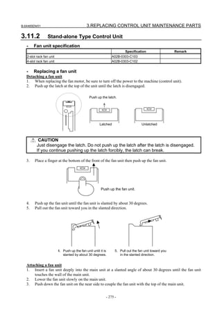 B-64485EN/01                                  3.REPLACING CONTROL UNIT MAINTENANCE PARTS

3.11.2            Stand-alone Type Control Unit
   -    Fan unit specification
                                                                         Specification                  Remark
   2-slot rack fan unit                                         A02B-0303-C103
   4-slot rack fan unit                                         A02B-0303-C102


   -    Replacing a fan unit
   Detaching a fan unit
   1. When replacing the fan motor, be sure to turn off the power to the machine (control unit).
   2. Push up the latch at the top of the unit until the latch is disengaged.

                                                Push up the latch.




                                                        Latched                     Unlatched



           CAUTION
          Just disengage the latch. Do not push up the latch after the latch is disengaged.
          If you continue pushing up the latch forcibly, the latch can break.

   3.   Place a finger at the bottom of the front of the fan unit then push up the fan unit.




                                                         Push up the fan unit.


   4.   Push up the fan unit until the fan unit is slanted by about 30 degrees.
   5.   Pull out the fan unit toward you in the slanted direction.




                          4. Push up the fan unit until it is     5. Pull out the fan unit toward you
                             slanted by about 30 degrees.            in the slanted direction.


   Attaching a fan unit
   1. Insert a fan unit deeply into the main unit at a slanted angle of about 30 degrees until the fan unit
       touches the wall of the main unit.
   2. Lower the fan unit slowly on the main unit.
   3. Push down the fan unit on the near side to couple the fan unit with the top of the main unit.


                                                            - 275 -
 