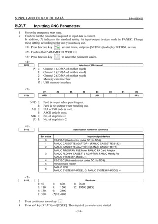 5.INPUT AND OUTPUT OF DATA                                                                             B-64485EN/01


5.2.7          Inputting CNC Parameters
  1   Set to the emergency stop state.
  2   Confirm that the patameters required to input data is correct.
      In addition, (*) indicates the standard setting for input/output devices made by FANUC. Change
      these settings according to the unit you actually use.
      <1> Press function key                several times, and press [SETING] to display SETTING screen.
      <2> Confirm that PARAMETER WRITE=1.
      <3> Press function key                to select the parameter screen.
      <4>
      0020                                                   Selection of I/O channel
               (*) 0:     Channel 1 (JD56A of mother board)
                   1:     Channel 1 (JD56A of mother board)
                   2:     Channel 2 (JD36A of mother board)
                   4:     Memory card interface
                   17 :   USB memory interface

      <5>
                          #7           #6          #5               #4               #3      #2   #1        #0
      0101                NFD                                                        ASI                   SB2


             NFD 0:       Feed is output when punching out.
                   1:     Feed is not output when punching out.
              ASI 0:      EIA or ISO code is used.
                   1:     ASCII code is used.
             SB2 0:       No. of stop bits is 1.
               (*) 1:     No. of stop bits is 2.

      <6>
      0102                                              Specification number of I/O device


                        Set value                                         Input/output device
                           0        RS-232-C (Used control codes DC1 to DC4)
                           1        FANUC CASSETTE ADAPTOR 1 (FANUC CASSETTE B1/B2)
                           2        FANUC CASSETTE ADAPTOR 3 (FANUC CASSETTE F1)
                                    FANUC PROGRAM FILE Mate, FANUC FA Card Adaptor
                           3        FANUC FLOPPY CASSETTE ADAPTOR, FANUC Handy File
                                    FANUC SYSTEM P-MODEL H
                           4        RS-232-C (Not used control codes DC1 to DC4)
                           5        Portable tape reader
                                    FANUC PPR
                           6
                                    FANUC SYSTEM P-MODEL G, FANUC SYSTEM P-MODEL H

      <7>
      0103                                                               Baud rate
                   1:   50          7:     600          11: 9600
                   3:   110         8:     1200         12: 19200 [BPS]
                   4:   150         9:     2400
                   6:   300         (*)10: 4800

  3   Press continuous menu key    .
  4   Press soft key [READ] and [EXEC]. Then input of parameters are started.

                                                          - 324 -
 