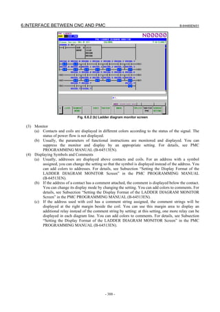 6.INTERFACE BETWEEN CNC AND PMC                                                                B-64485EN/01




                                Fig. 6.6.2 (b) Ladder diagram monitor screen

 (3) Monitor
     (a) Contacts and coils are displayed in different colors according to the status of the signal. The
          status of power flow is not displayed.
     (b) Usually, the parameters of functional instructions are monitored and displayed. You can
          suppress the monitor and display by an appropriate setting. For details, see PMC
          PROGRAMMING MANUAL (B-64513EN).
 (4) Displaying Symbols and Comments
     (a) Usually, addresses are displayed above contacts and coils. For an address with a symbol
          assigned, you can change the setting so that the symbol is displayed instead of the address. You
          can add colors to addresses. For details, see Subsection “Setting the Display Format of the
          LADDER DIAGRAM MONITOR Screen” in the PMC PROGRAMMING MANUAL
          (B-64513EN).
     (b) If the address of a contact has a comment attached, the comment is displayed below the contact.
          You can change its display mode by changing the setting. You can add colors to comments. For
          details, see Subsection “Setting the Display Format of the LADDER DIAGRAM MONITOR
          Screen” in the PMC PROGRAMMING MANUAL (B-64513EN).
     (c) If the address used with coil has a comment string assigned, the comment strings will be
          displayed at the right margin beside the coil. You can use this margin area to display an
          additional relay instead of the comment string by setting: at this setting, one more relay can be
          displayed in each diagram line. You can add colors to comments. For details, see Subsection
          “Setting the Display Format of the LADDER DIAGRAM MONITOR Screen” in the PMC
          PROGRAMMING MANUAL (B-64513EN).




                                                 - 388 -
 