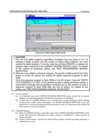 6.INTERFACE BETWEEN CNC AND PMC                                                              B-64485EN/01




                                Fig. 6.6.3 (a) Ladder diagram editor screen


     CAUTION
   1 You can edit ladder programs regardless of whether they are active or not. To
     execute a ladder program with the results of editing being reflected, you must
     update the ladder program. To do this, click the soft key [UPDATE], or update the
     program when exiting from the LADDER DIAGRAM EDITOR screen. For details
     of the method of protecting editing, see “PMC PROGRAMMING MANUAL
     (B-64513EN).”
   2 After you have edited a sequence program, the results of editing will be lost if the
     power is turned off without first writing the edited sequence program to flash
     ROM.
     Write the sequence program to flash ROM on the I/O screen. If you set "WRITE
     TO F-ROM(EDIT)" to "YES" on the general functions' setting parameter screen, a
     confirmation message will be displayed, prompting you to ask whether to write a
     sequence program to flash ROM after the end of editing. For details of this
     setting, see “PMC PROGRAMMING MANUAL (B-64513EN).”

 (1) Screen structures
     (a) It is basically same with LADDER DIAGRAM MONITOR screen, except that no monitor
          displays of relays and parameters of functional instructions are displayed.
     (b) At right side of LADDER Diagram area, a position bar is always displayed, which indicates
          screen position within current subprogram: in LADDER DIAGRAM MONITOR screen, this
          position bar is exclusively displayed with comments of write coil. Sometimes, this position bar
          hides a part of write coil comments.

 (2) LADDER Diagram
     (a) Style of LADDER Diagram is basically same with LADDER DIAGRAM MONITOR screen,
         except that functional instructions are drawn always in "COMPACT" format that has no
         monitor displays.
     (b) Cursor is shown always. And the net, which will be an object of following editing operations, is
         emphasized in screen.




                                                - 390 -
 