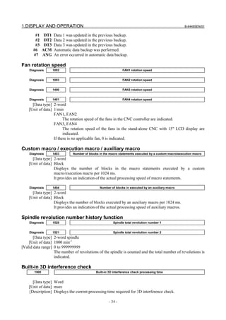 1.DISPLAY AND OPERATION                                                                               B-64485EN/01

        #1 DT1 Data 1 was updated in the previous backup.
        #2 DT2 Data 2 was updated in the previous backup.
        #3 DT3 Data 3 was updated in the previous backup.
       #6 ACM Automatic data backup was performed.
       #7 ANG An error occurred in automatic data backup.

Fan rotation speed
    Diagnosis     1002                                        FAN1 rotation speed


    Diagnosis     1003                                        FAN2 rotation speed


    Diagnosis     1490                                        FAN3 rotation speed


    Diagnosis     1491                                        FAN4 rotation speed
      [Data type] 2-word
    [Unit of data] 1/min
                   FAN1, FAN2
                         The rotation speed of the fans in the CNC controller are indicated.
                   FAN3, FAN4
                         The rotation speed of the fans in the stand-alone CNC with 15" LCD display are
                         indicated.
                   If there is no applicable fan, 0 is indicated.

Custom macro / execution macro / auxiliary macro
    Diagnosis     1493        Number of blocks in the macro statements executed by a custom macro/execution macro
      [Data type] 2-word
    [Unit of data] Block
                   Displays the number of blocks in the macro statements executed by a custom
                   macro/execution macro per 1024 ms.
                   It provides an indication of the actual processing speed of macro statements.

    Diagnosis     1494                         Number of blocks in executed by an auxiliary macro
      [Data type] 2-word
    [Unit of data] Block
                   Displays the number of blocks executed by an auxiliary macro per 1024 ms.
                   It provides an indication of the actual processing speed of auxiliary macros.

Spindle revolution number history function
    Diagnosis     1520                                  Spindle total revolution number 1


    Diagnosis     1521                                  Spindle total revolution number 2
       [Data type] 2-word spindle
    [Unit of data] 1000 min-1
[Valid data range] 0 to 999999999
                   The number of revolutions of the spindle is counted and the total number of revolutions is
                   indicated.

Built-in 3D interference check
       1900                                 Built-in 3D interference check processing time


      [Data type] Word
    [Unit of data] msec
    [Description] Displays the current processing time required for 3D interference check.

                                                     - 34 -
 