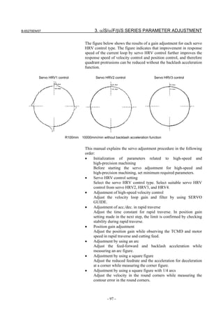 B-65270EN/07                             3. αiS/αiF/βiS SERIES PARAMETER ADJUSTMENT

                                   The figure below shows the results of a gain adjustment for each servo
                                   HRV control type. The figure indicates that improvement in response
                                   speed of the current loop by servo HRV control further improves the
                                   response speed of velocity control and position control, and therefore
                                   quadrant protrusions can be reduced without the backlash acceleration
                                   function.

          Servo HRV1 control              Servo HRV2 control                   Servo HRV3 control




                         R100mm   10000mm/min without backlash acceleration function


                                   This manual explains the servo adjustment procedure in the following
                                   order:
                                   •    Initialization of parameters related to high-speed and
                                        high-precision machining
                                        Before starting the servo adjustment for high-speed and
                                        high-precision machining, set minimum required parameters.
                                   •    Servo HRV control setting
                                        Select the servo HRV control type. Select suitable servo HRV
                                        control from servo HRV2, HRV3, and HRV4.
                                   •    Adjustment of high-speed velocity control
                                        Adjust the velocity loop gain and filter by using SERVO
                                        GUIDE.
                                   •    Adjustment of acc./dec. in rapid traverse
                                        Adjust the time constant for rapid traverse. In position gain
                                        setting made in the next step, the limit is confirmed by checking
                                        stability during rapid traverse.
                                   •    Position gain adjustment
                                        Adjust the position gain while observing the TCMD and motor
                                        speed in rapid traverse and cutting feed.
                                   •    Adjustment by using an arc
                                        Adjust the feed-forward and backlash acceleration while
                                        measuring an arc figure.
                                   •    Adjustment by using a square figure
                                        Adjust the reduced feedrate and the acceleration for deceleration
                                        at a corner while measuring the corner figure.
                                   •    Adjustment by using a square figure with 1/4 arcs
                                        Adjust the velocity in the round corners while measuring the
                                        contour error in the round corners.



                                                 - 97 -
 