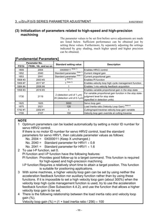 3. αiS/αiF/βiS SERIES PARAMETER ADJUSTMENT                                                                    B-65270EN/07



(3) Initialization of parameters related to high-speed and high-precision
    machining
                                          The parameter values to be set first before servo adjustments are made
                                          are listed below. Sufficient performance can be obtained just by
                                          setting these values. Furthermore, by separately adjusting the settings
                                          indicated by gray shading, much higher speed and higher precision
                                          can be obtained.

[Fundamental Parameters]
           Parameter No.
                                     Standard setting value                             Description
 FS15i      FS30i, 16i, and so on
  1809              2004                0X000011 (Note 1)         Enables HRV2 control
  1852              2040            Standard parameter (Note 1)   Current integral gain
  1853              2041            Standard parameter (Note 1)   Current proportional gain
 1808 #3           2003 #3                  1 (Note 2)            Enables PI function
 1959 #7           2017 #7                  1 (Note 3)            Enables velocity loop high cycle management function
 1884 #4           2006 #4                      1                 Enables 1-ms velocity feedback acquisition
 1958 #3           2016 #3                       1               Enables variable proportional gain in the stop state
                                                                 For variable proportional gain function in the stop state :
                                     2 (detection unit of 1 µm)
  1730              2119                                         judgment level for stop state
                                    20 (detection unit of 0.1µm)
                                                                 (specified in detection units)
  1825              1825                       5000               Servo loop gain
  1875              2021                        128               Load Inertia ratio (Velocity Loop Gain) (Note 4)
 1742 #1           2202 #1                       1                Cutting/rapid traverse velocity loop gain variable
  1700              2107                        150               Velocity loop gain override at cutting traverse


 NOTE
 1 Optimum parameters can be loaded automatically by setting a motor ID number for
   servo HRV2 control.
   If there is no motor ID number for servo HRV2 control, load the standard
   parameters for servo HRV1, then calculate parameter values as follows:
       No. 2004 = 0X000011 (Keep X unchanged.)
       No. 2040 = Standard parameter for HRV1 × 0.8
       No. 2041 = Standard parameter for HRV1 × 1.6
 2 To use I-P function, set 0.
   PI function and I-P function have the following features:
   PI function: Provides good follow-up to a target command. This function is required
                 for high-speed and high-precision machining.
   I-P function: Requires a relatively short time to attain a target position. This function
                 is suitable for positioning applications.
 3 With some machines, a higher velocity loop gain can be set by using neither the
   acceleration feedback function nor auxiliary function rather than by using these
   functions. If it is impossible to set a high velocity loop gain (about 300%) when the
   velocity loop high cycle management function is used, try to use the acceleration
   feedback function (See Subsection 4.4.2), and use the function that allows a higher
   velocity loop gain to be set.
 4 There is the following relationship between the load inertia ratio and velocity loop
   gain (%).
   Velocity loop gain (%) = (1 + load inertia ratio / 256) × 100

                                                         - 98 -
 