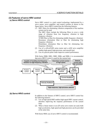 B-65270EN/07                                                        4.SERVO FUNCTION DETAILS

(3) Features of servo HRV control
 (a) Servo HRV2 control
                                 Servo HRV control is a total control technology implemented by a
                                 servo motor, servo amplifier, and control systems as shown in the
                                 figure below. Servo HRV2 control has the following features:
                                 (1) HRV filters for eliminating vibration components of the machine
                                      system can be used.
                                      The HRV filters include the following filters to cover a wide
                                      range of vibration from low frequency vibration to high
                                      frequency vibration:
                                      TCMD filter (a filter for eliminating middle frequency vibration)
                                      Resonance elimination filter (a filter for eliminating high
                                      frequency vibration)
                                      Disturbance elimination filter (a filter for eliminating low
                                      frequency vibration)
                                 (2) Use of a αiS/αiF/βiS series motor and a αi/βi servo amplifier
                                      enables high-speed, high-precision, and smooth feed.
                                 (3) Use of a precise pulse coder improves control performance.

                                 With Series 90B0, 90B1, 90B5, 90B6, and 90B8, it is recommended
                                 that servo HRV2 control is used for the current loop.
                 Capable of handling low-frequency            Exercises current control        Detects
                vibration to high-frequency vibration              at high speed.            current with
                                                                                            high precision.



                Position         Velocity        HRV filter          HRV current           Servo
                control          control                               control            amplifier



                                                                           Current feedback


                                            Velocity feedback


                                                        High-response, high-precision detector



 (b) Servo HRV3 control
                                 In addition to the features of HRV2 control, servo HRV3 control has
                                 the following features:
                                 (1) Use of high-speed DSP enables high-speed HRV current control,
                                       therefore improving the response performance of the current
                                       loop.
                                 (2) When a linear motor or an αiS series servo motor are used, both
                                       high acceleration, high speed and high precision can be provided
                                       at the same time.

                                 With Series 90E0, use of servo HRV3 control is recommended.




                                               - 135 -
 